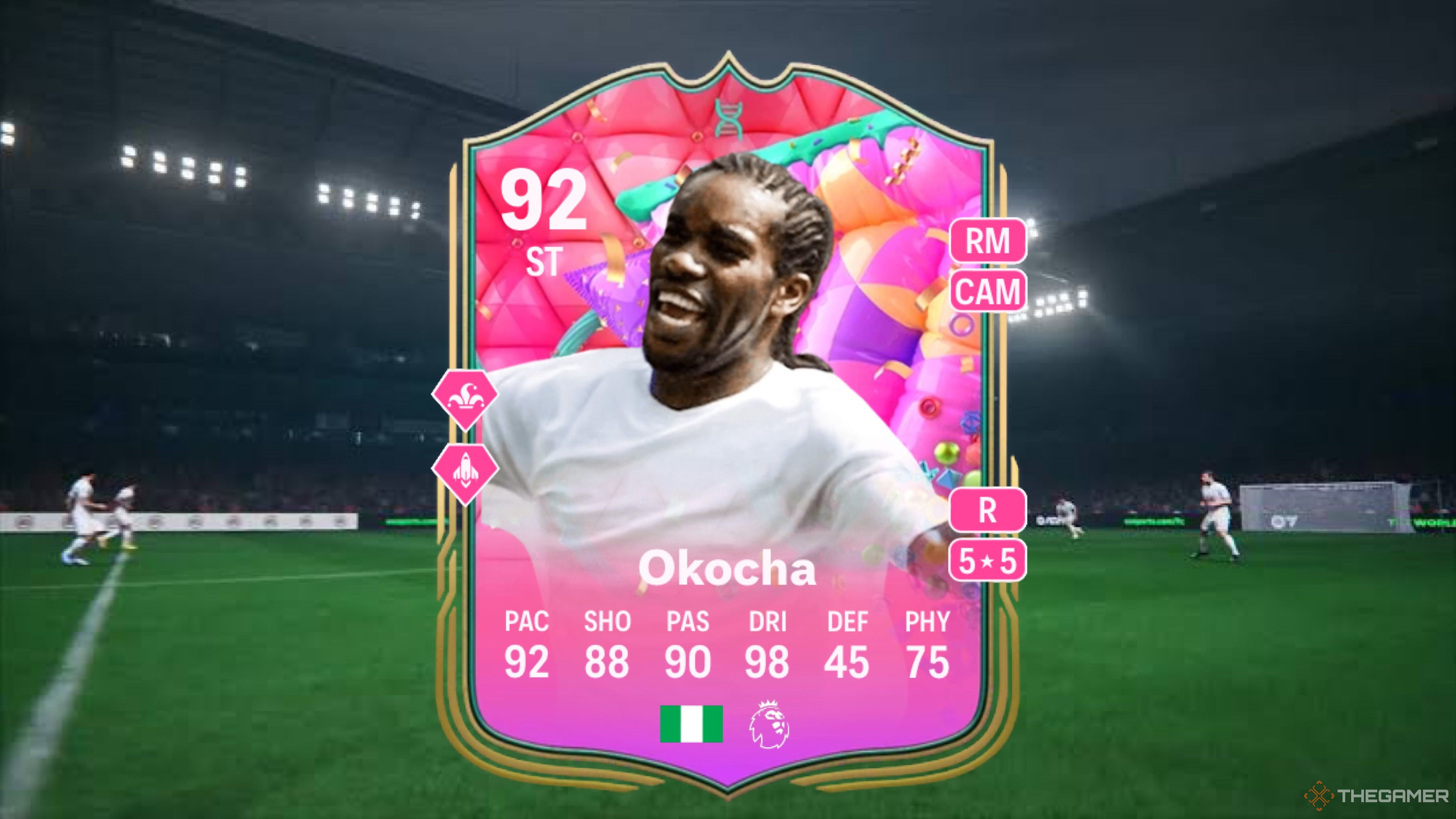 Image showing Okocha card against a faded pitch background.