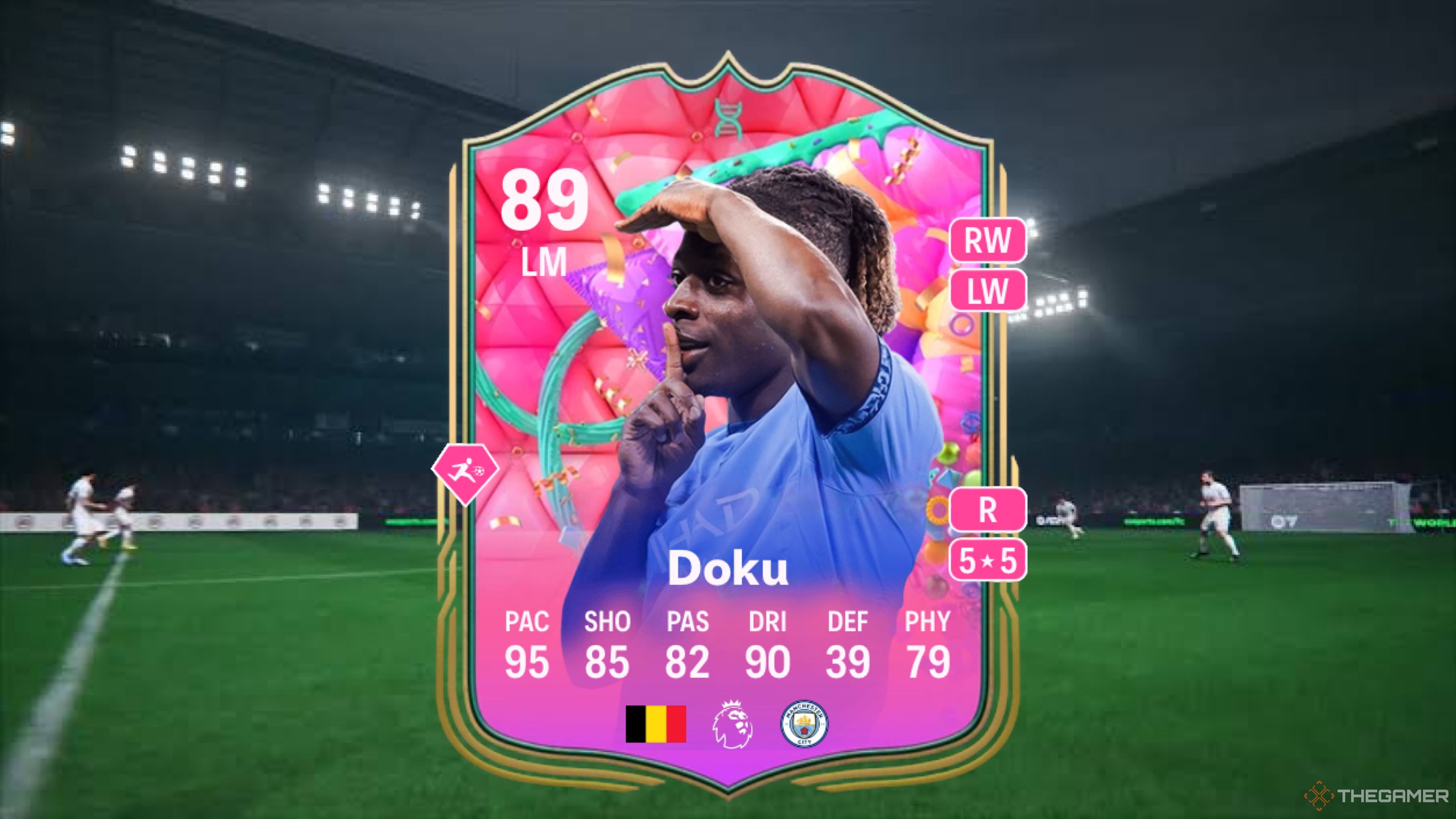 Image showing Doku card against a faded pitch background.
