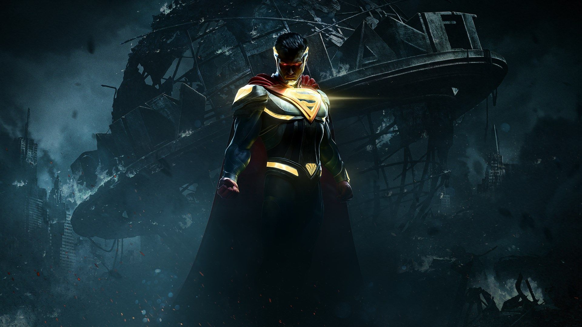 Key Art of Injustice 2, showcasing Superman standing in front of a decimated Metropolis