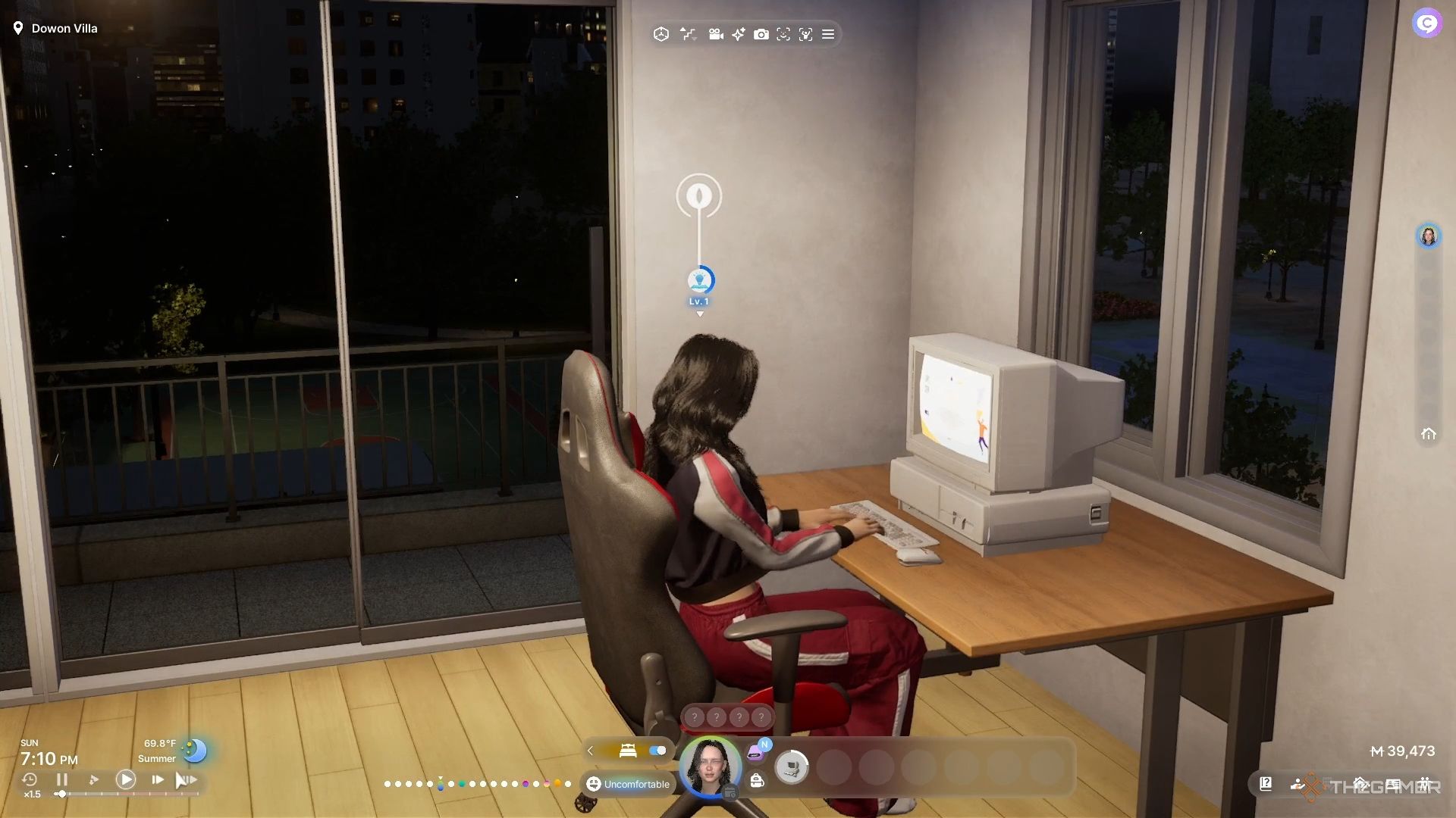 A woman in a tracksuit shopping online.