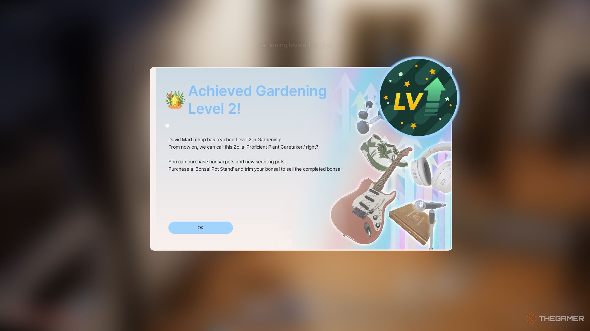 Reaching level two in the gardening skill, with a popup to commemorate it.