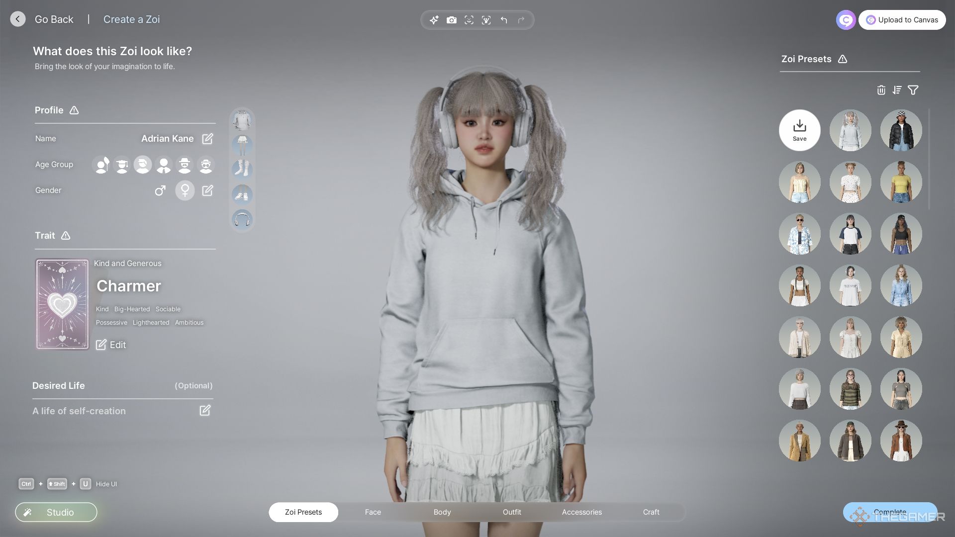 Using facial capture to pout with a Zoi dressed in all white lounge wear.