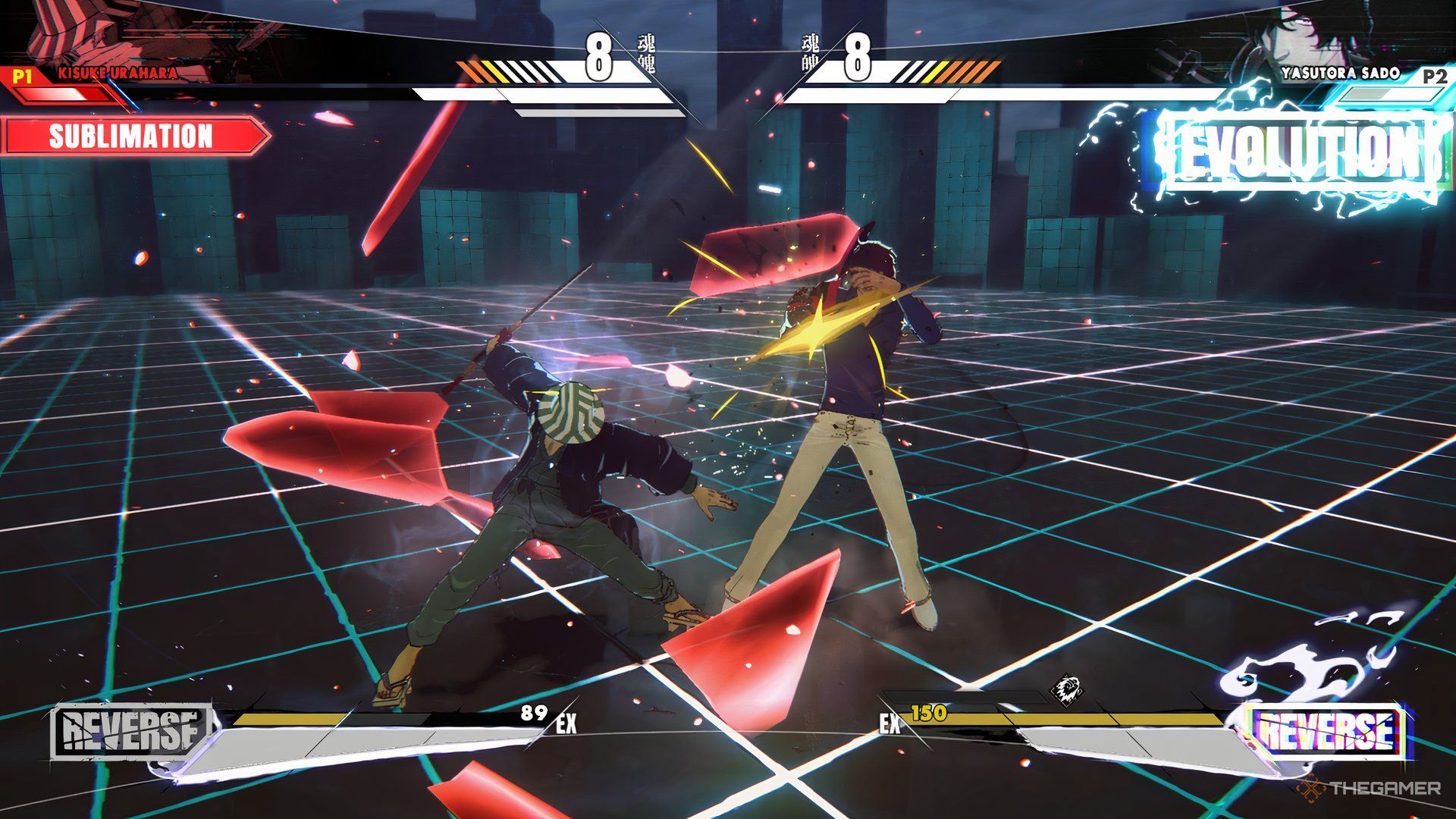 Kisuke Urahara attacking Yasutora Sado with blood armor shards in Bleach Rebirth of Souls.