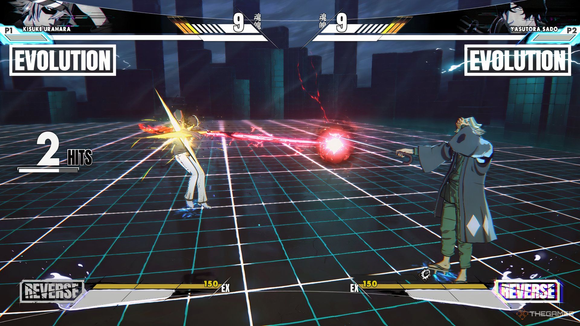 Kisuke Urahara firing a red beam at Yasutora Sado in Bleach Rebirth of Souls.