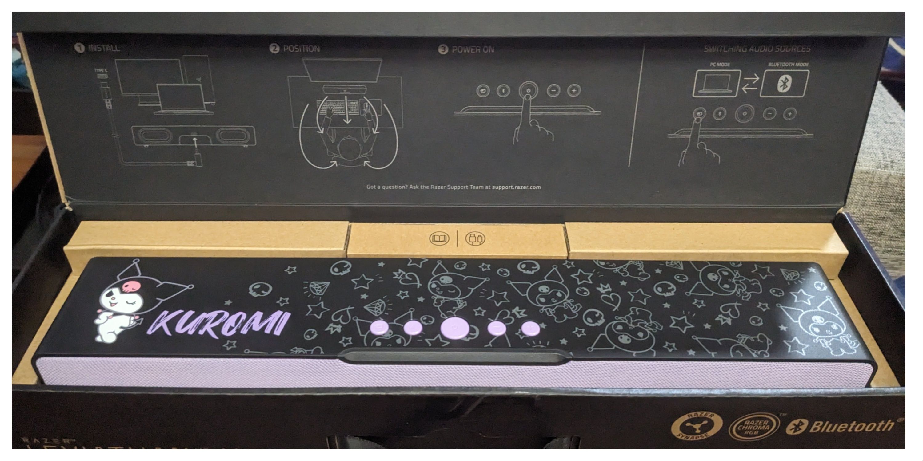 kuromi soundbar packaging instructions and buttons