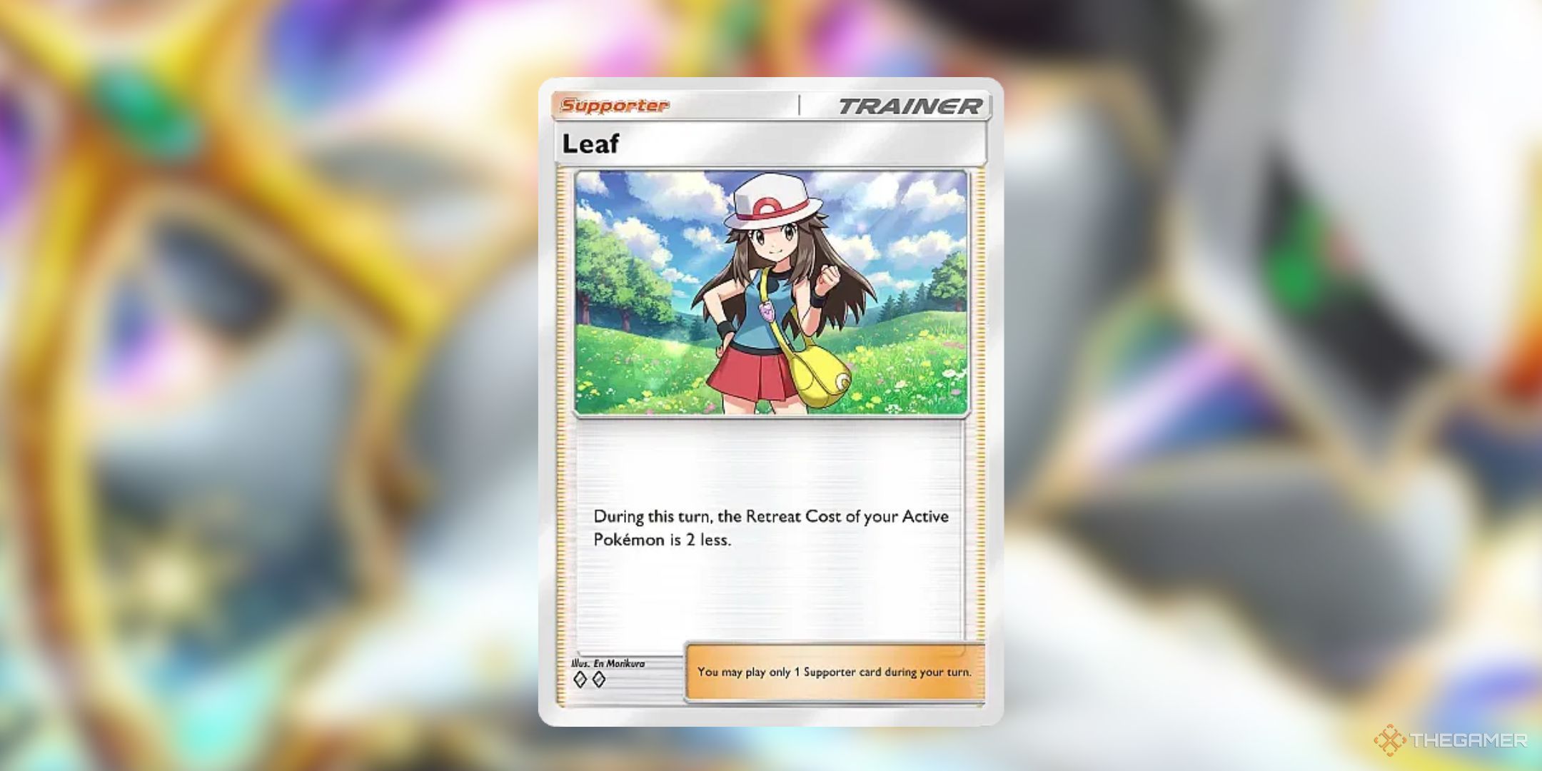 Leaf in front of an Arceus background in Pokemon Pocket.