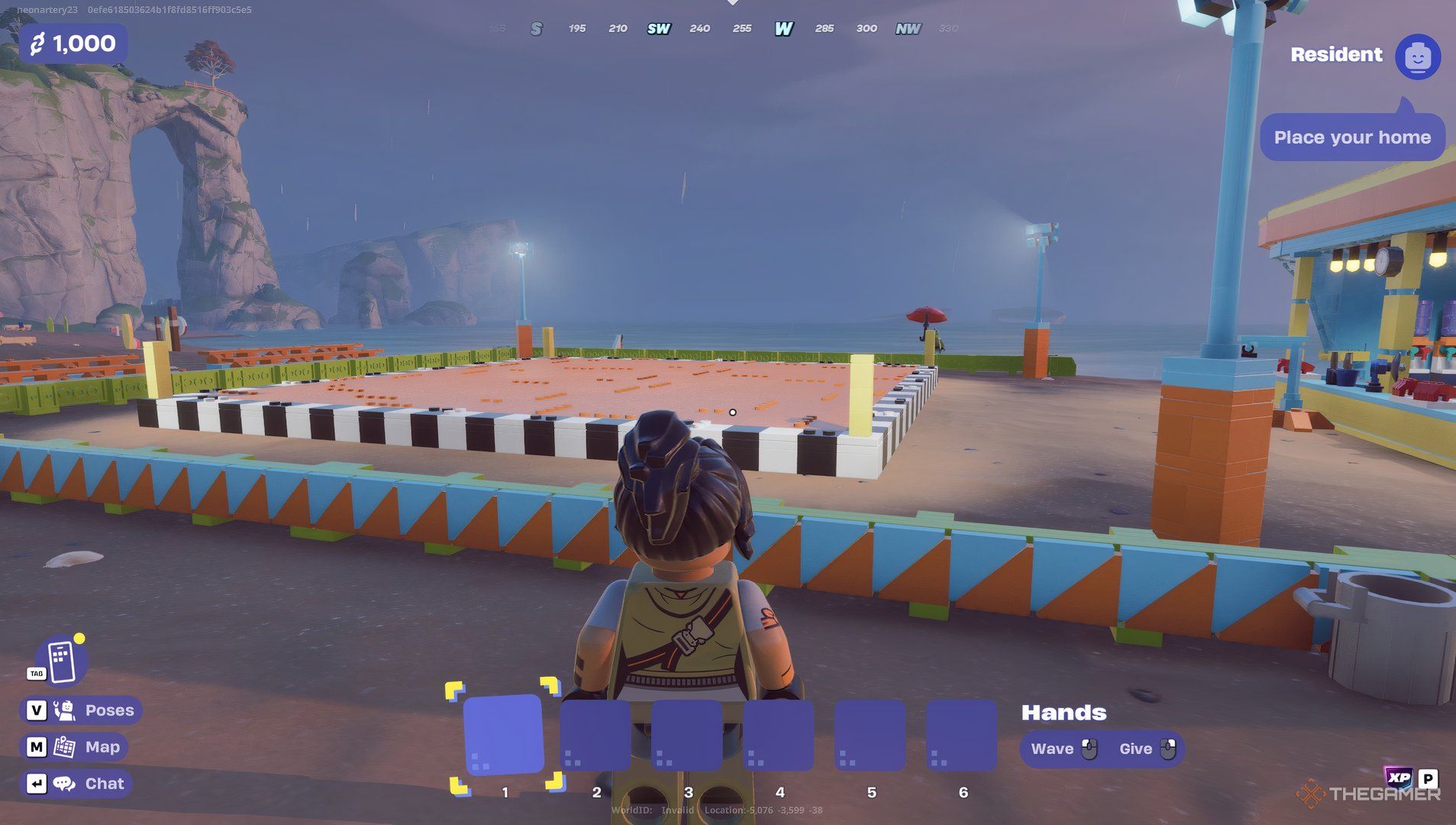 Lego Fortnite Brick Life character looking that a boxing ring with a blue and yellow barrier in front of it. Off in the distance are two lights.
