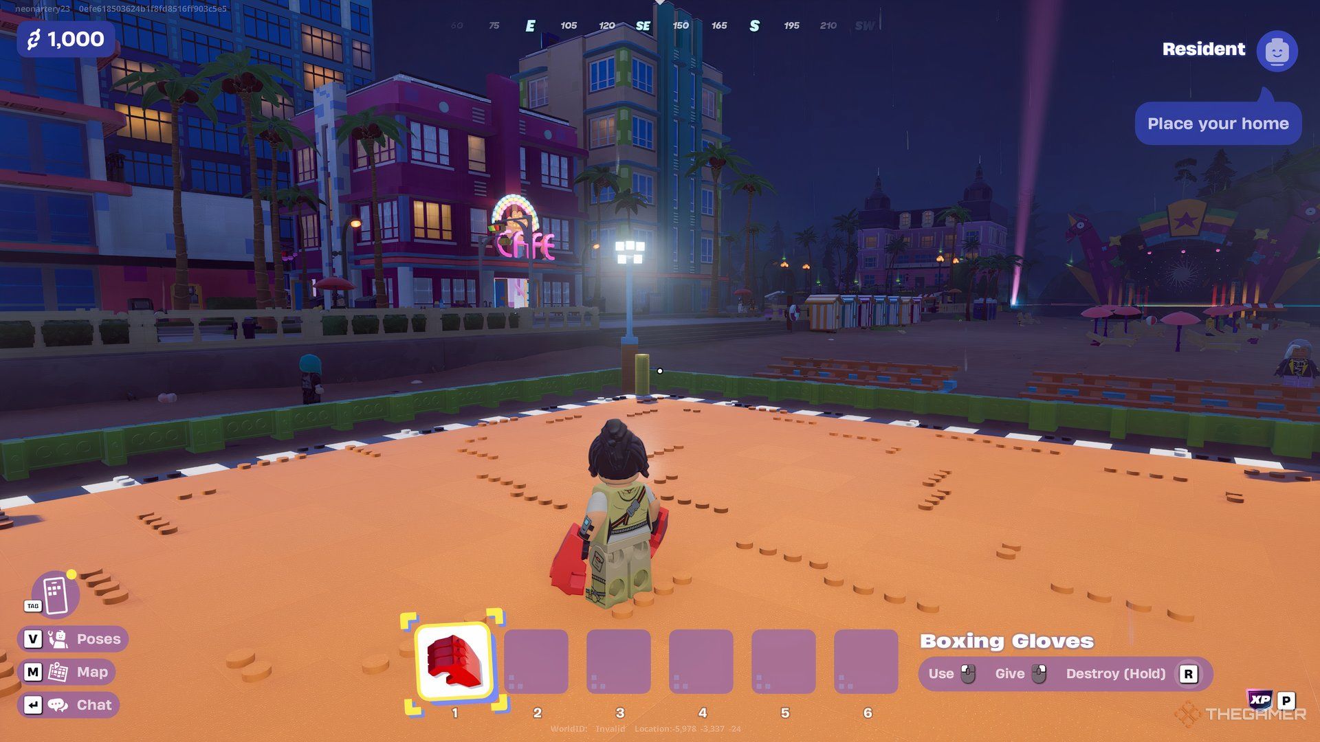 Lego Fortnite Brick Life player inside the ring with boxing gloves equipped. There is another character outside the ring walking away. 