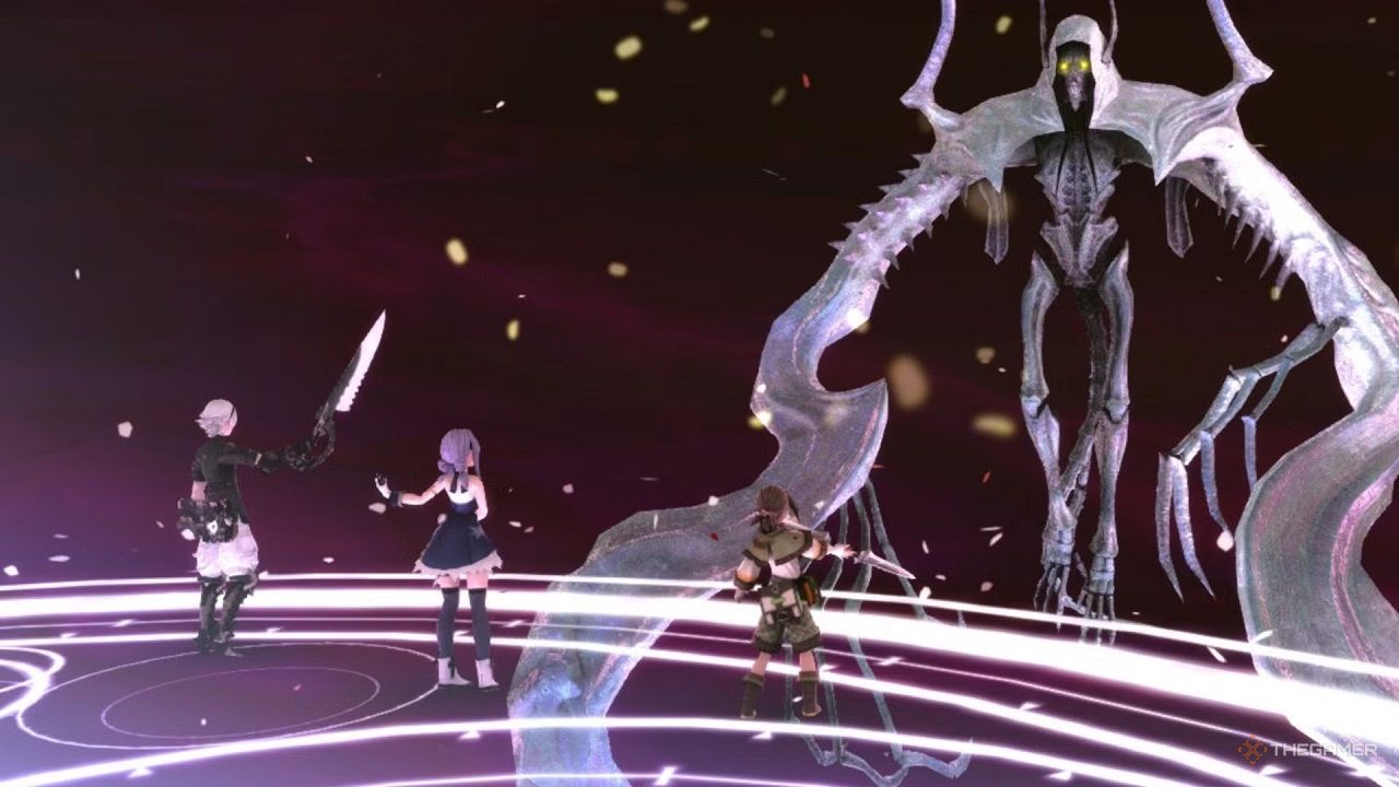 Leo and his friends face the Eternal Holy boss in Fantasian Neo Dimension.