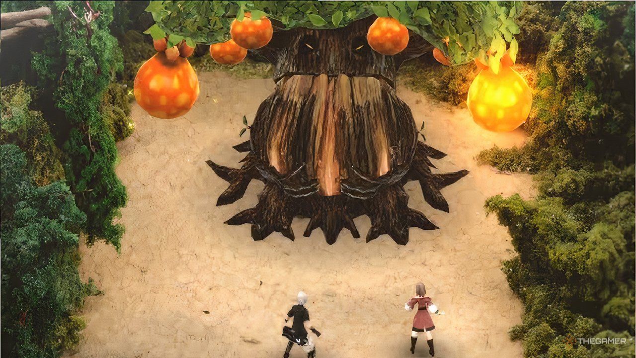Leo and Kina face the money tree in Fantasian Neo Dimension.