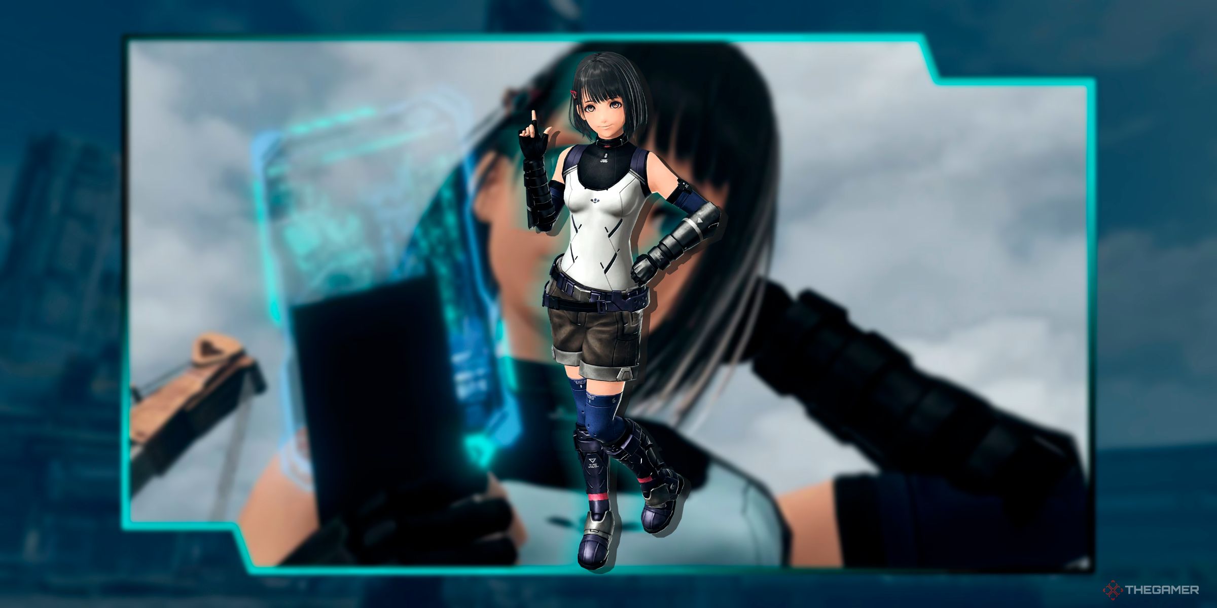 Lin Posing In Front Of Herself With New Los Angeles In The Back From Xenoblade Chronicles X: Definitive Edition.