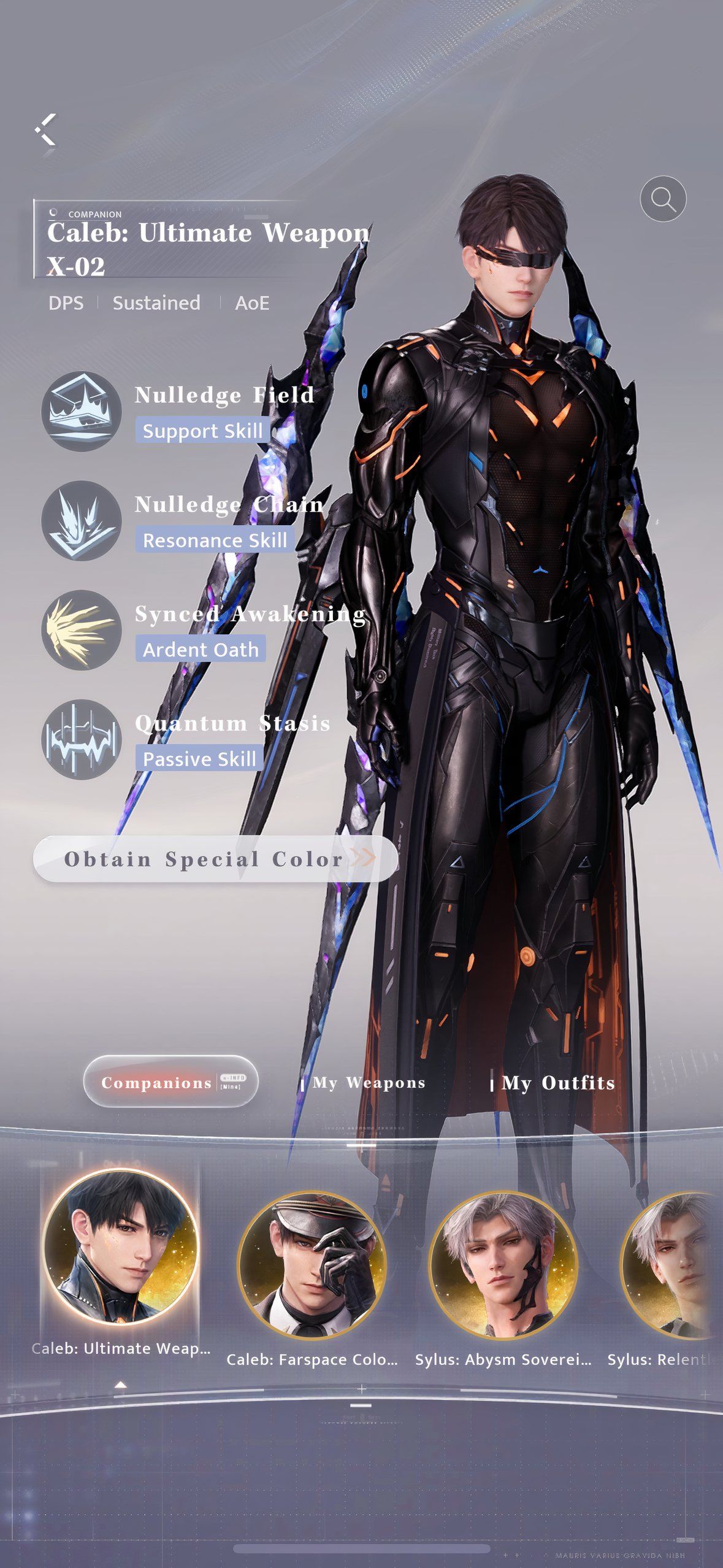 Love And Deepspace: Caleb: Ultimate Weapon X-02 in the Combat Companion Screen.