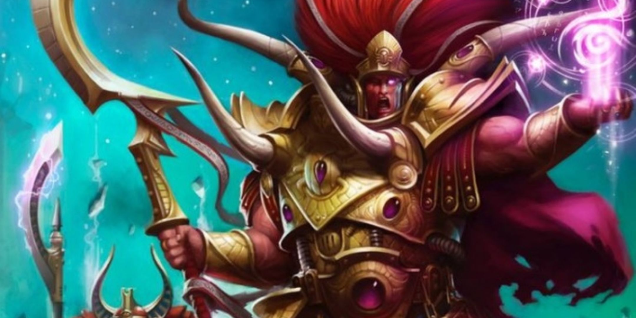The primarch magnus with gold armor and red skin wielding a curved sword and casting a spell.