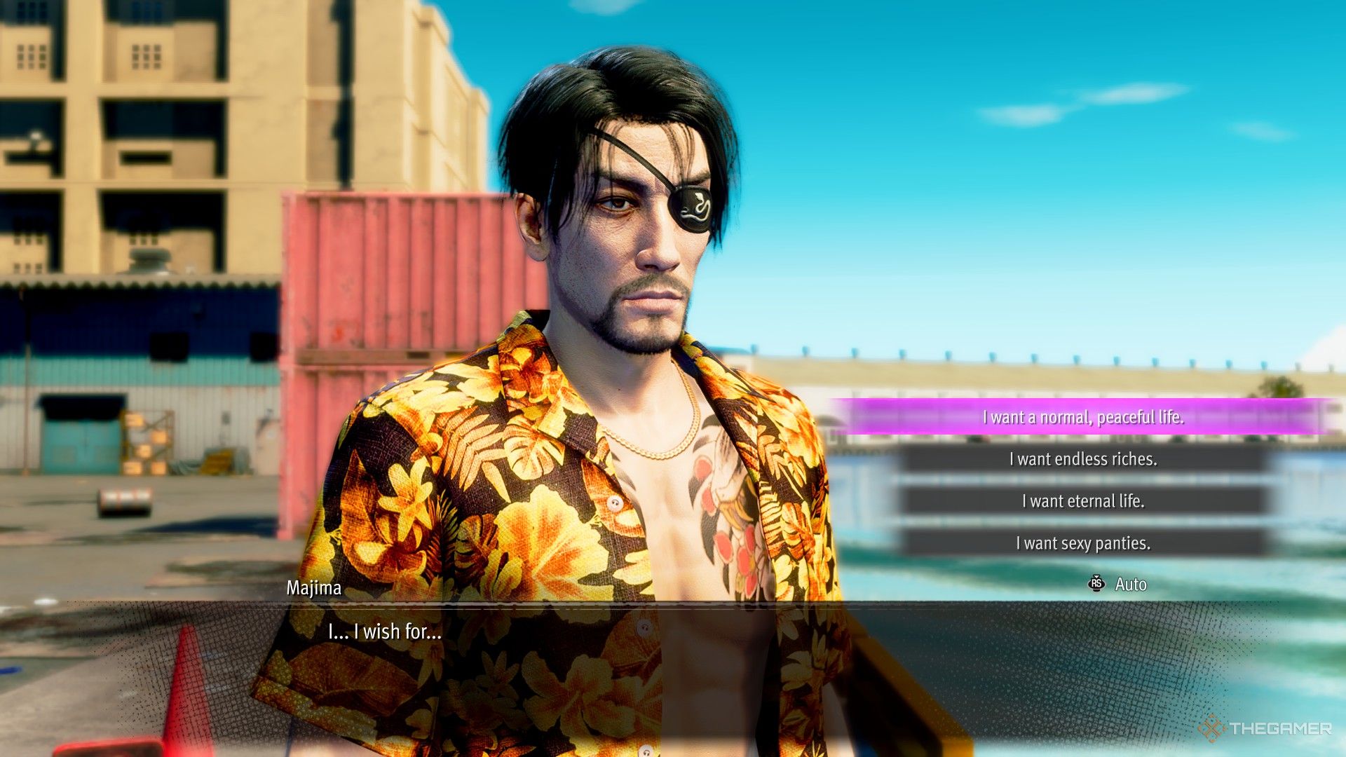 Majima choosing a wish in Like a Dragon Pirate Yakuza in Hawaii.