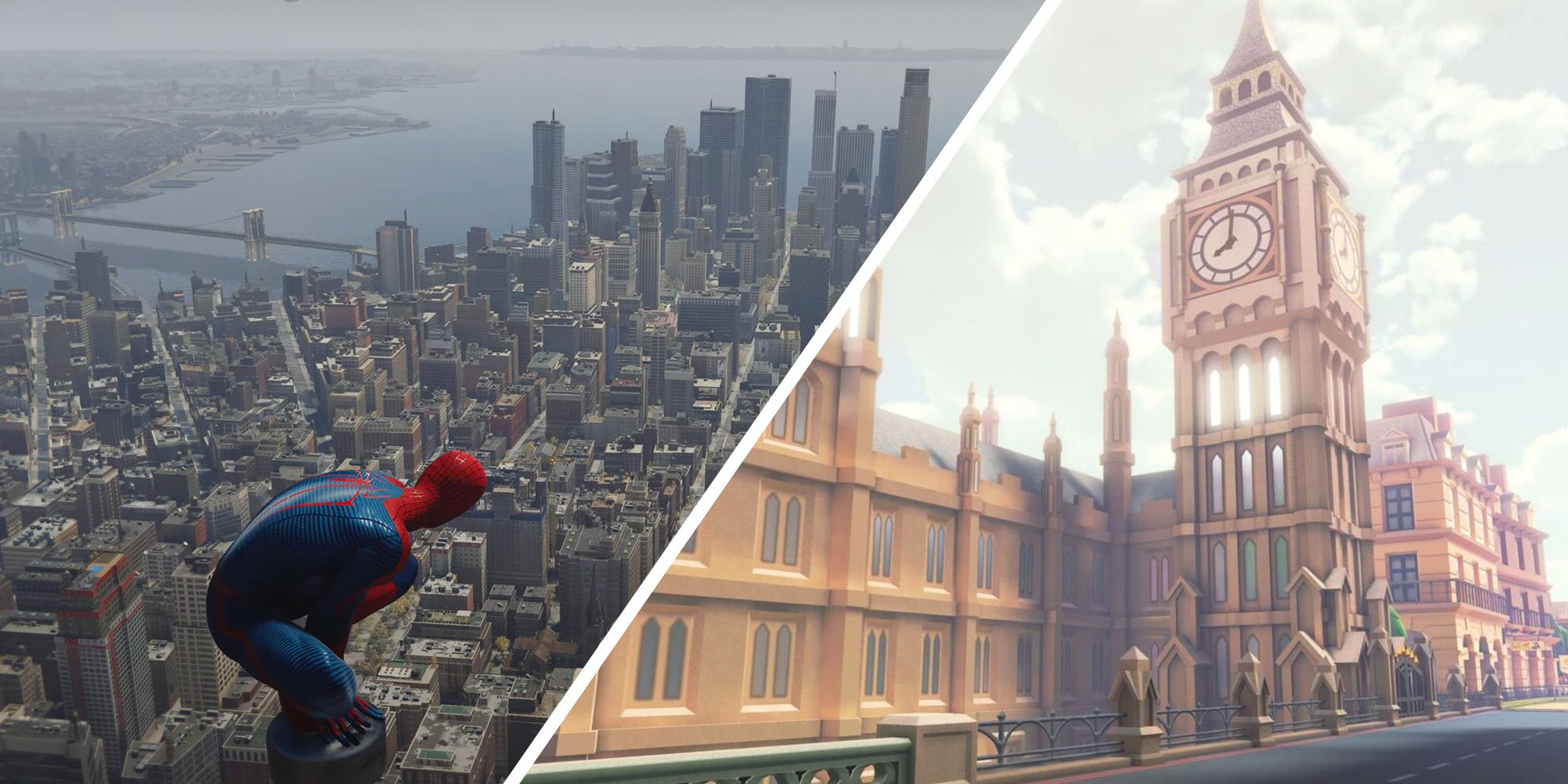 Split Image Of Spider-Man Looking Out Over New York City And Big Ben In London, United Kingdom From Mario Kart Tour