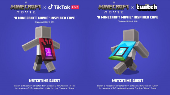 Two Minecraft capes celebrating the release of The Minecraft Movie.