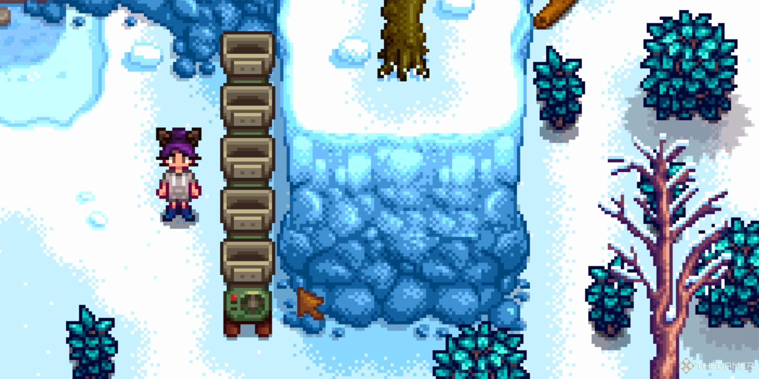 Woodchippers lined up near the Wizard's house in Stardew Valley. 