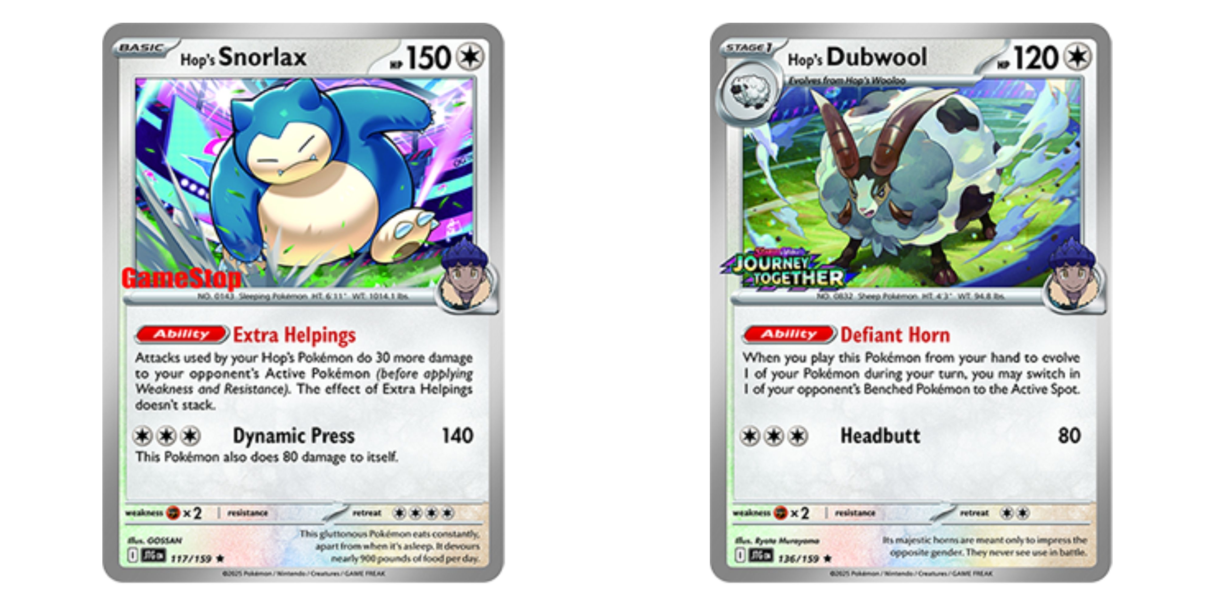 pokemon journey together hop's snorlax and hop's dubwool promo cards.