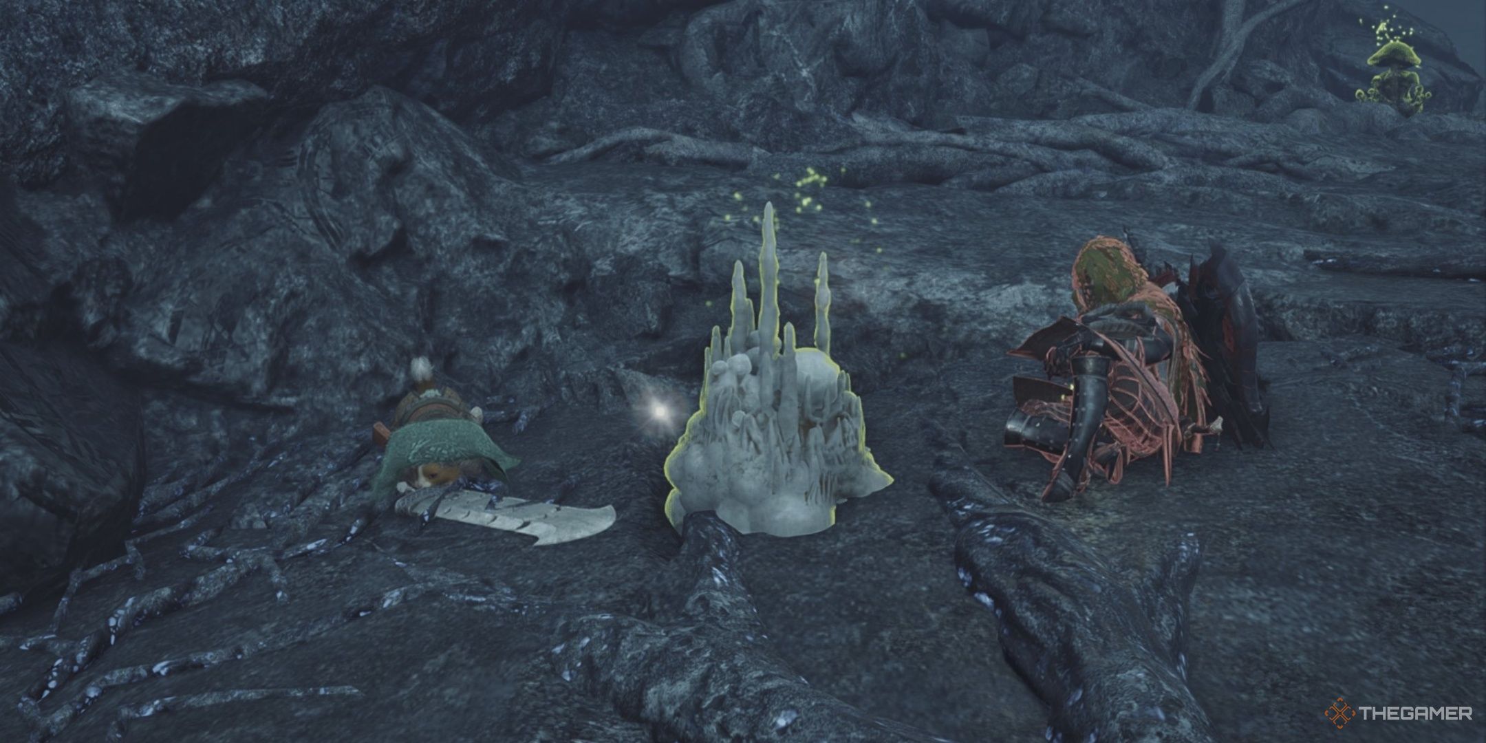A hunter and their palico resting beside a wylky crystal outcropping containing a time-honed wylk gem in monster hunter wilds.