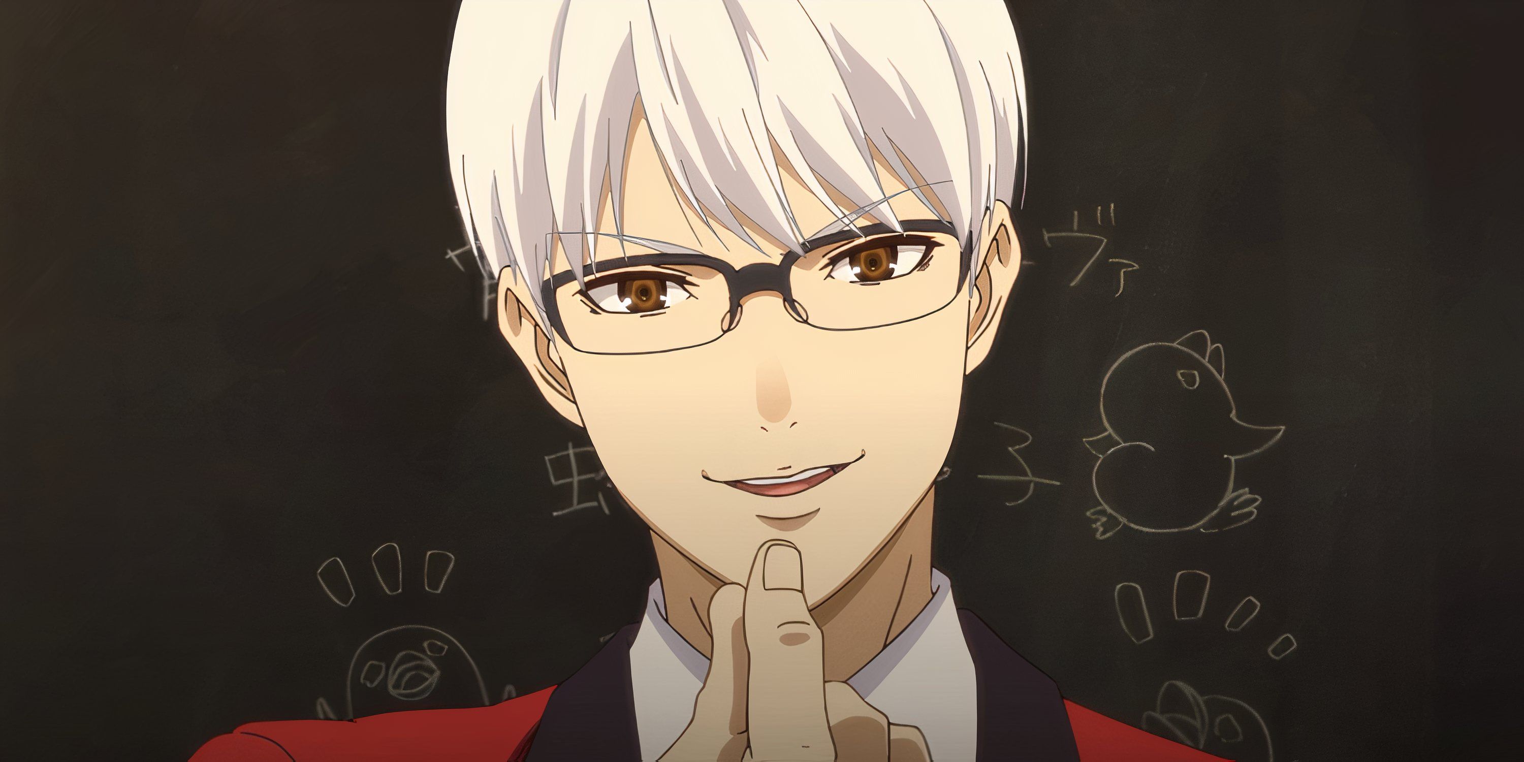 Kakegurui's Manyuda rubs his forefinger and thumb as he explains who the traitor in the game is.