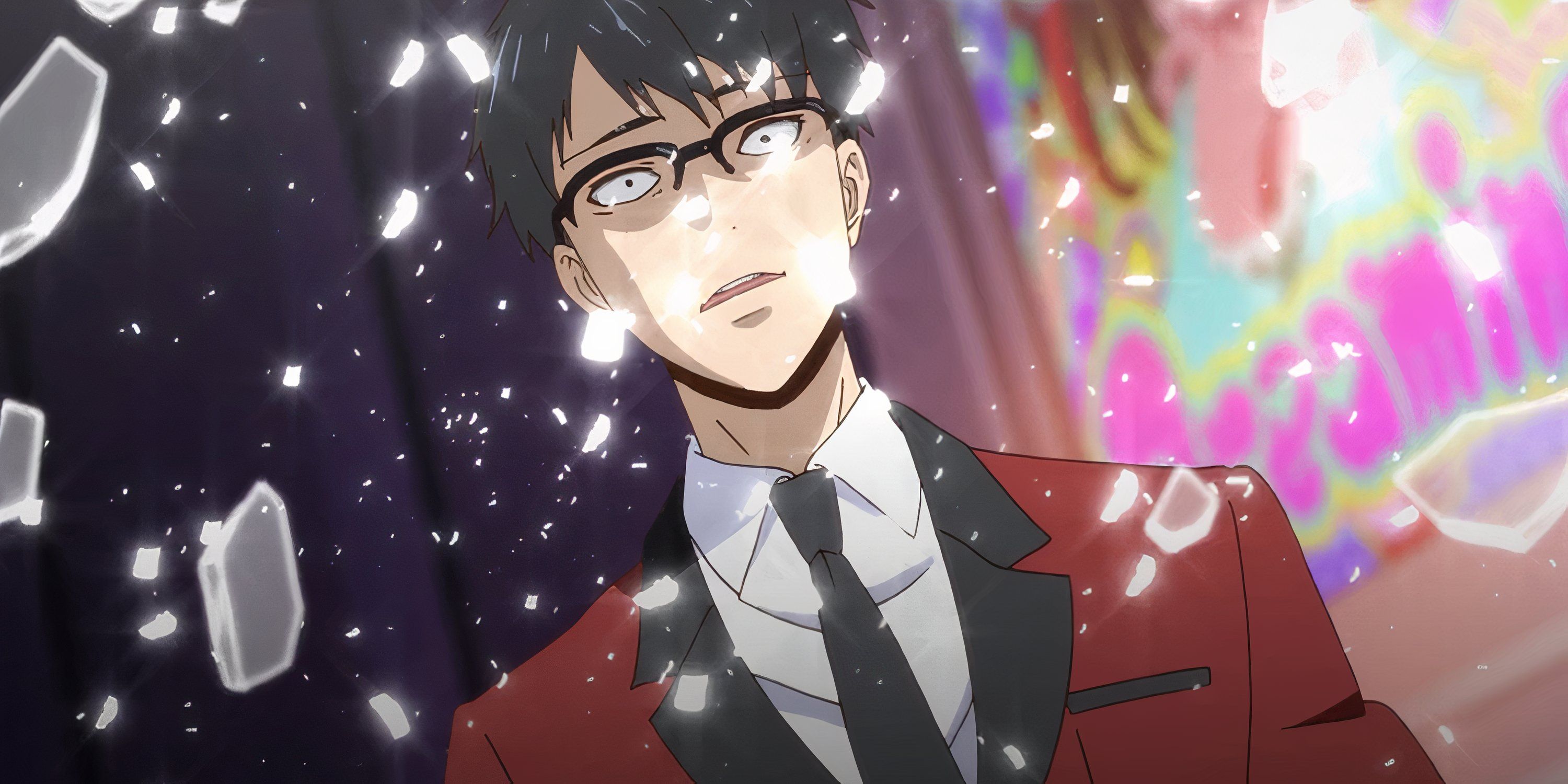 Manyuda's glasses breaks as he appears shocked in Kakegurui.