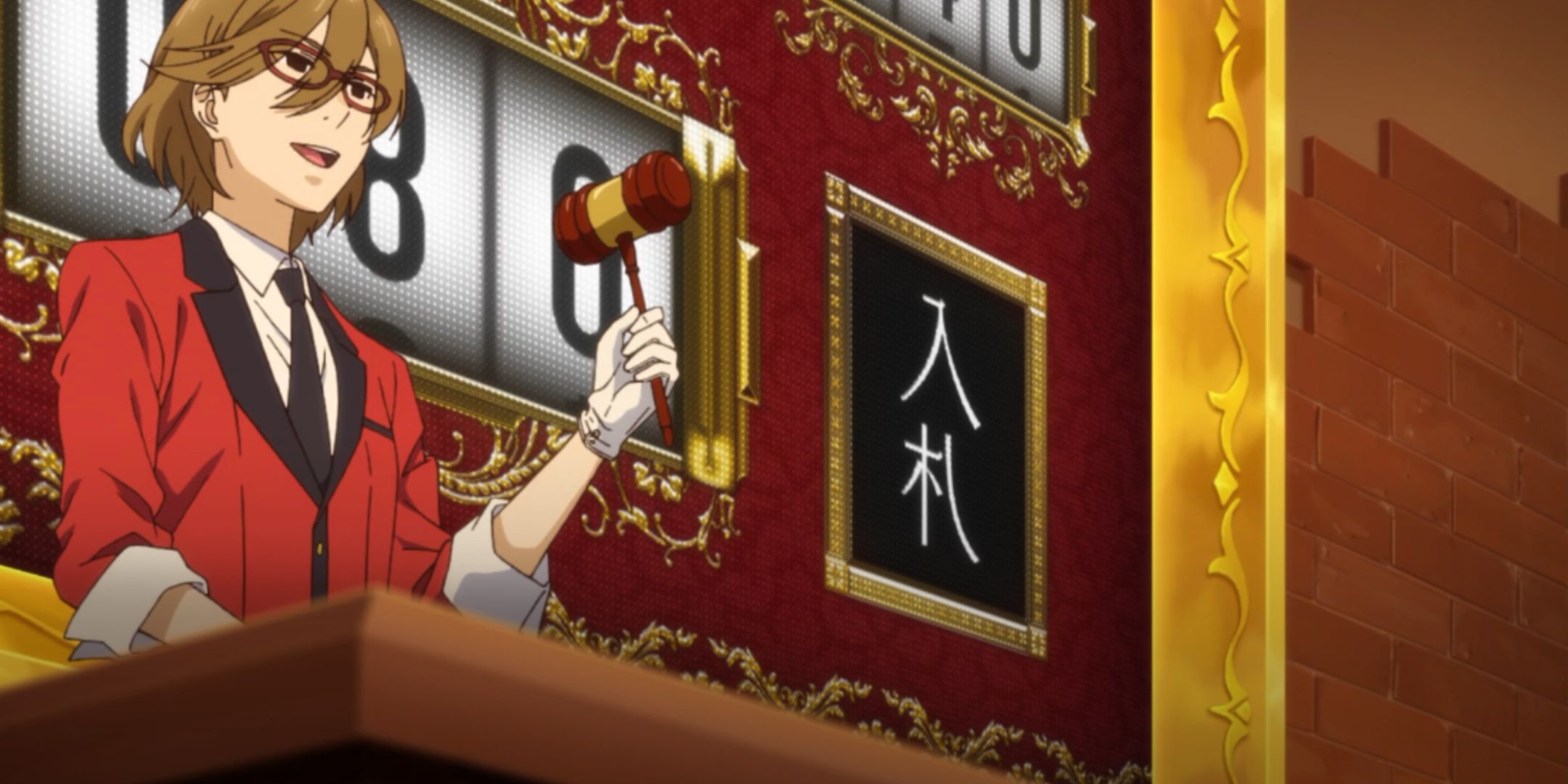 Batsubami acts as an auctioneer for the Auction Game in Kakegurui.