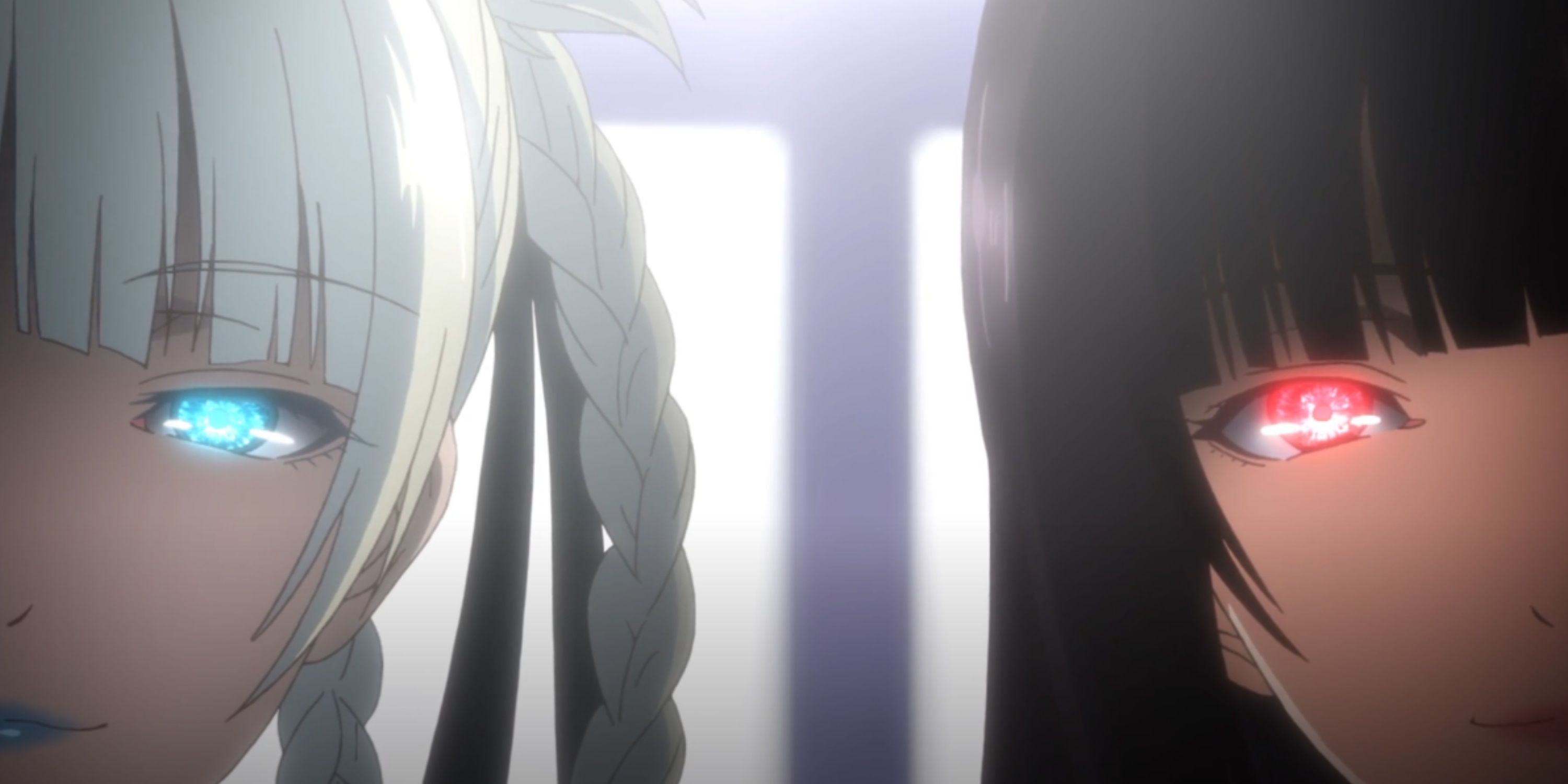 Kirari and Yumeko with one eye glowing menacingly in Kakegurui.