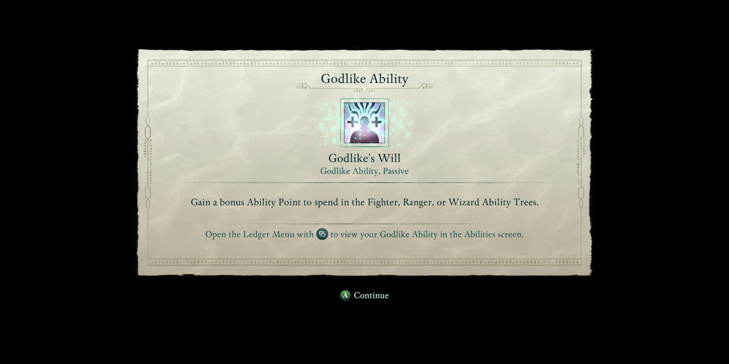 A screenshot of the Godlike's Will ability unlocked.