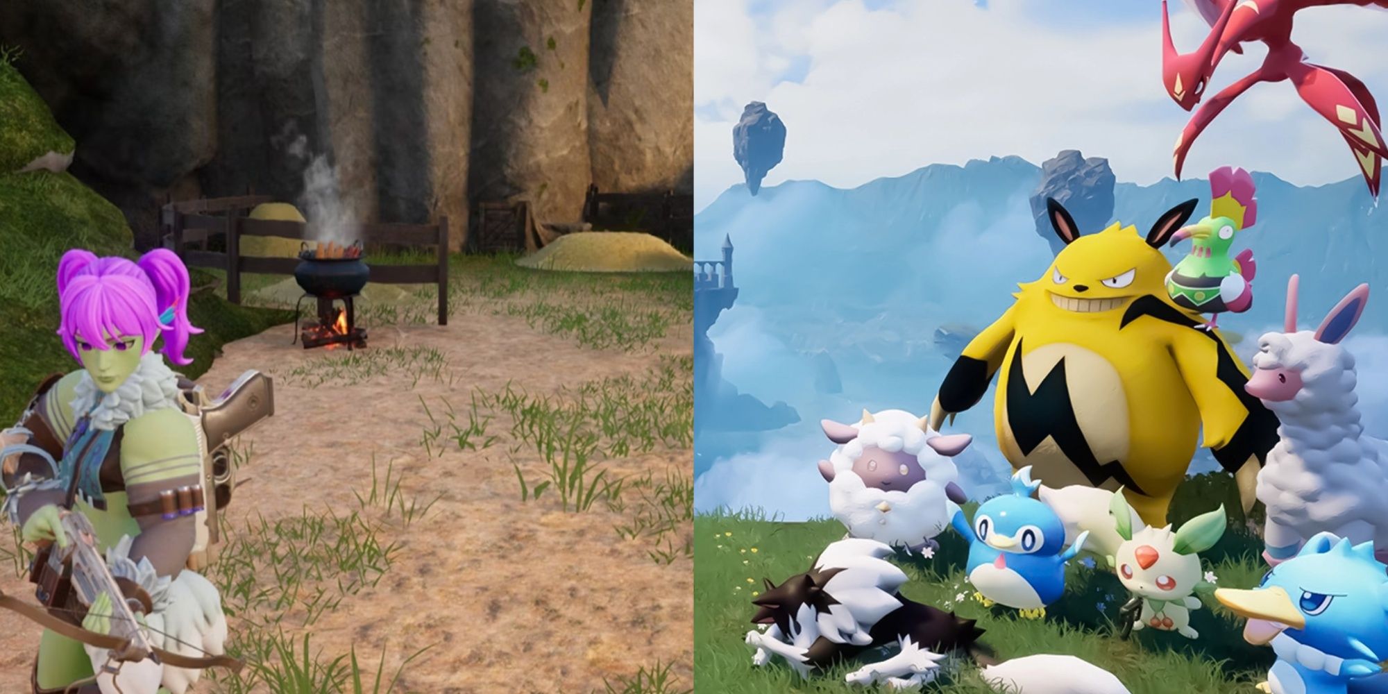 A collage showing a player character standing near food being cooked and a promotional image showing many Pals standing on a cliff.