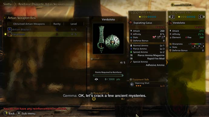 Artisan sword and shield with elemental fire damage on it in Monster Hunter Wilds