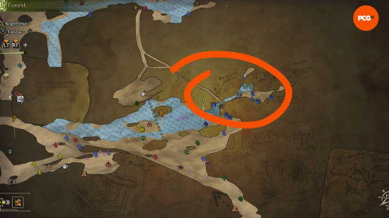 A map showing a circled Goldenfish location in the forest area of Monster Hunter Wilds.