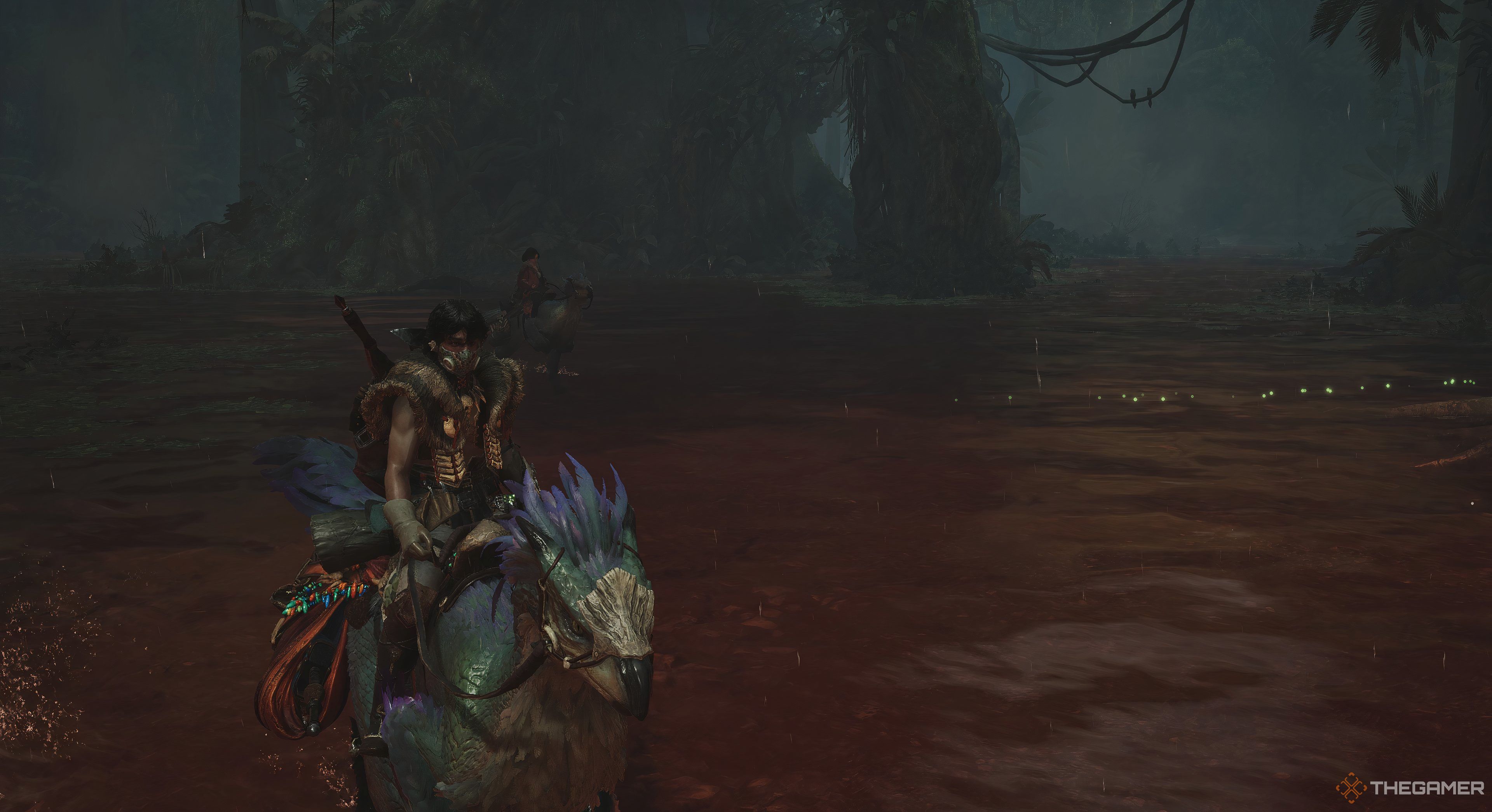 Monster Hunter Wilds Players character riding a beast with another character in the background. They are in a swamp and large tree is behind them.