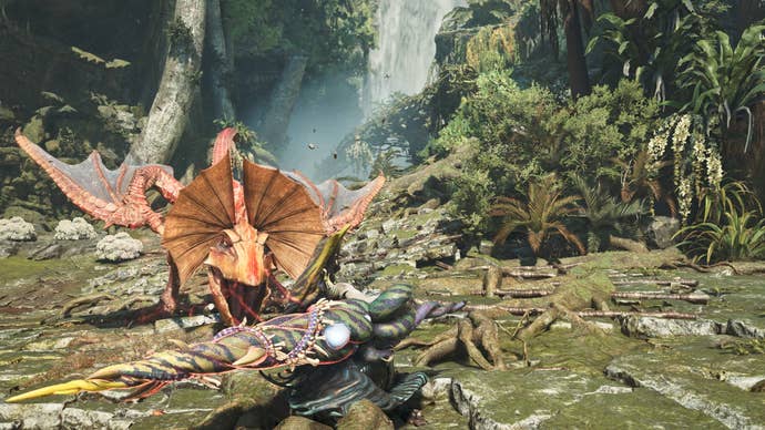 A hunter fighting a Yian-Kut-Ku with a Lance in Monster Hunter Wilds.