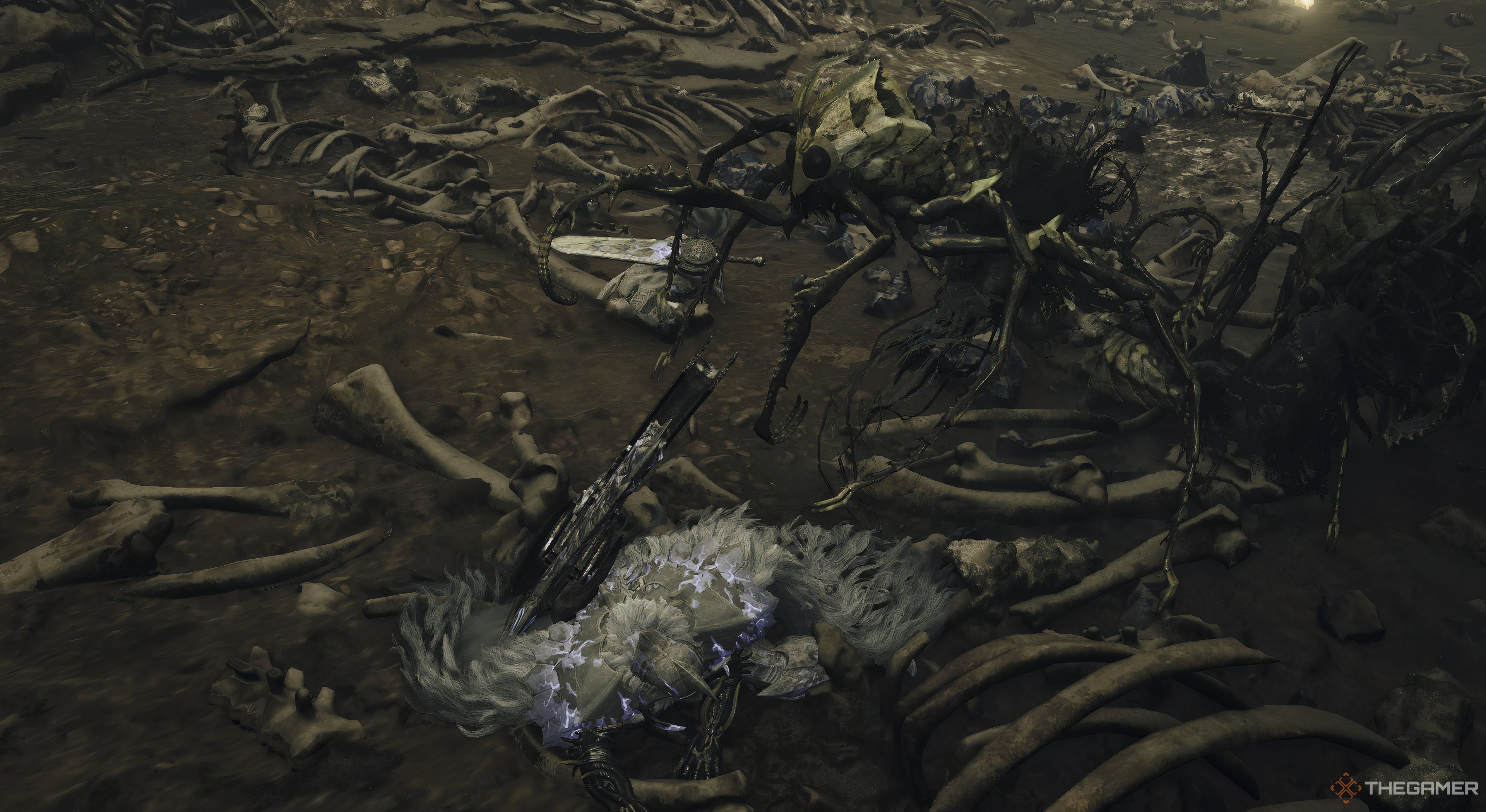 Monster Hunter Wilds character is fallen on the ground with a two monster approaching him. The Palico is also fallen next to the creatures. 
