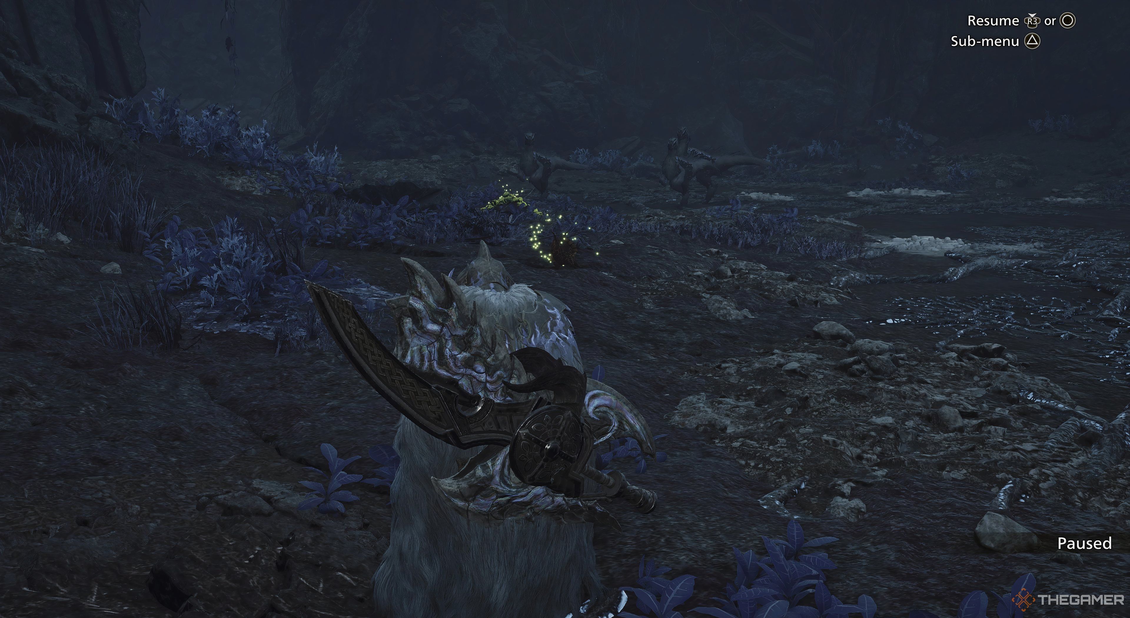 Monster Hunter Wilds character looking at three Seikrets walking by. 