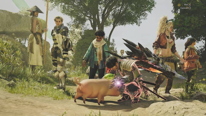 A hunter bending down to pet the pig, Poogie, in Monster Hunter Wilds.