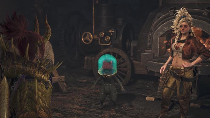 A blacksmith looks at their creation - a cat-shaped brain in a glass jar - in Monster Hunter Wilds.