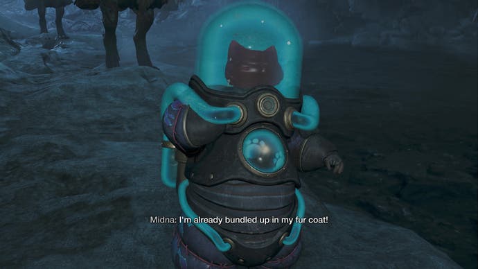 A cat brain in a jar suit in Monster Hunter Wilds.