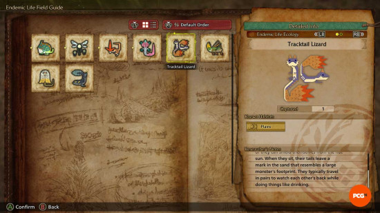 The in-game listing of the Tracktail Lizard in Monster Hunter Wilds.