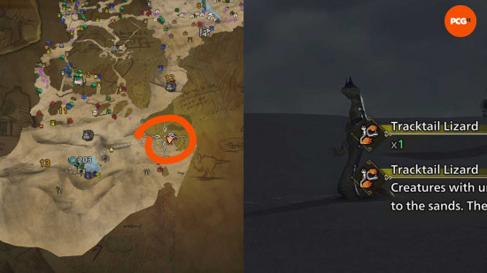 A Tracktail Lizard location marked on the map in Monster Hunter Wilds and a close-up shot of the creature standing on its tail.