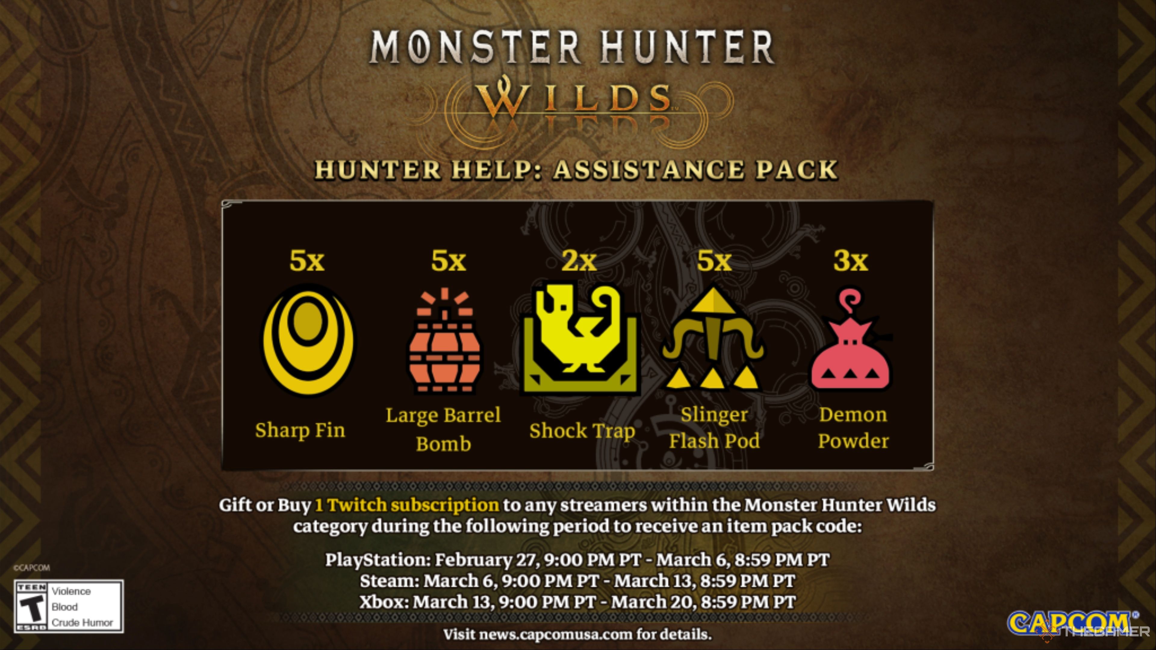 An overview of the Hunter Help: Assistance Pack for participating in the Twitch Subscription Promotional Event for Monster Hunter Wilds.