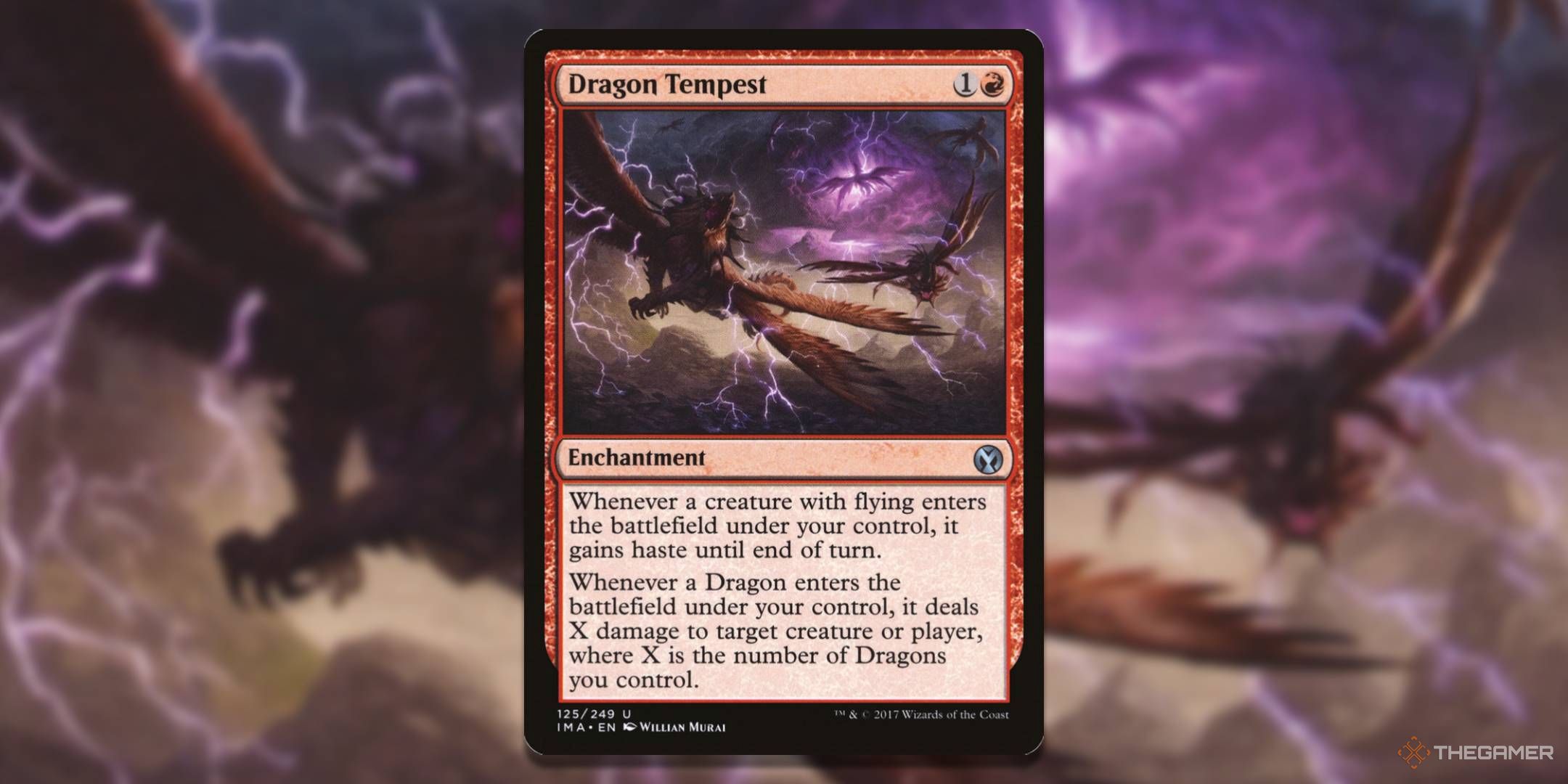 MTG Dragon Tempest card with the art in the background.