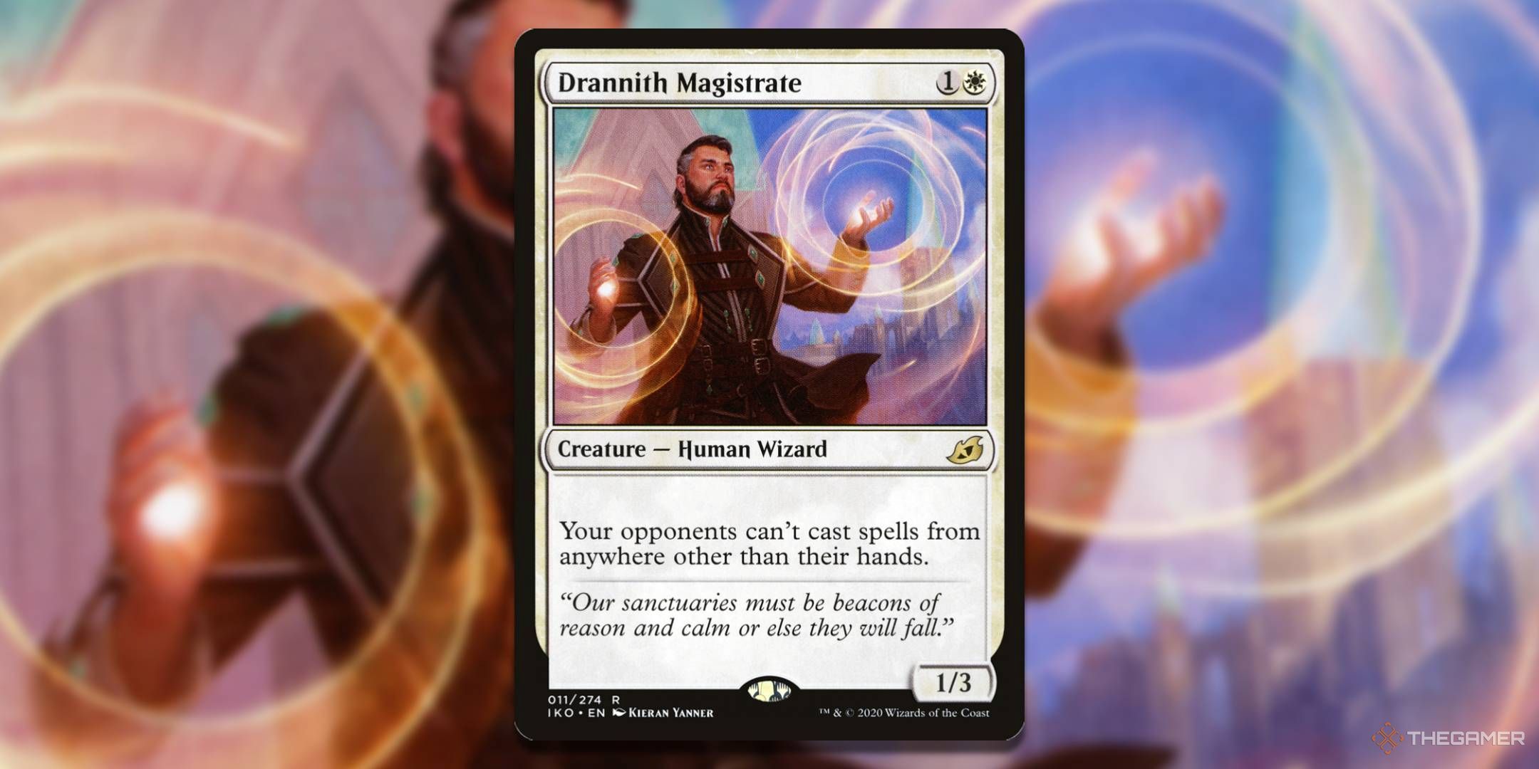 MTG Drannith Magistrate card with the art in the background.