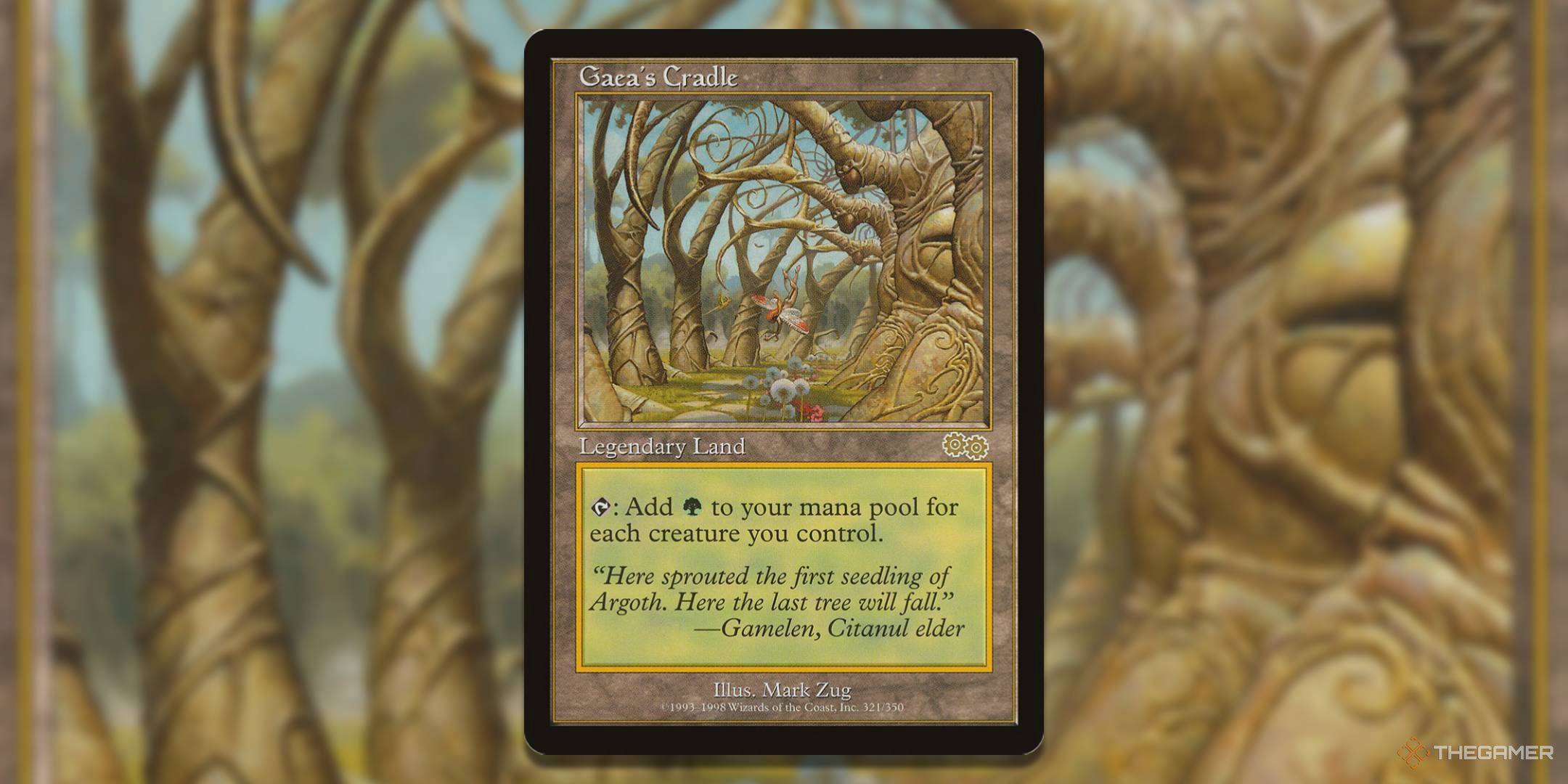 MTG Gaea's Cradle card with the art in the background.