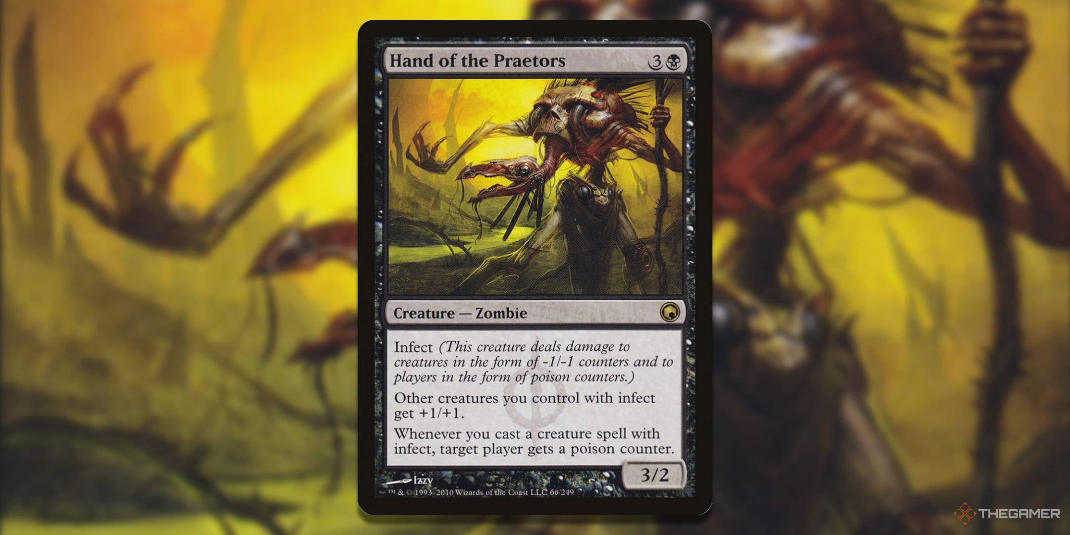 MTG Hand of the Praetors card with the art in the background.