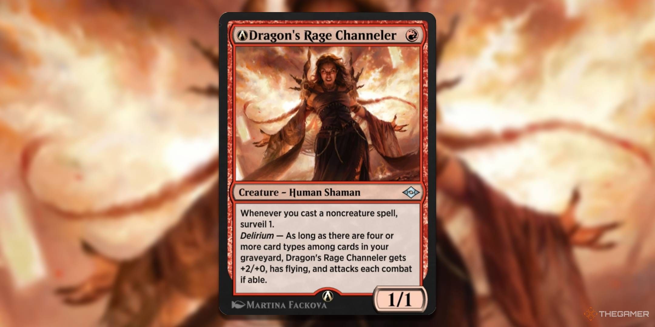 MTG Nerfed Dragon's Rage Channeler card with the art in the background.