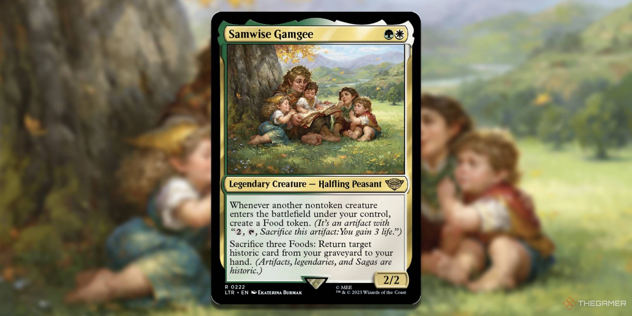 MTG Samwise Gamgee card with the art in the background.