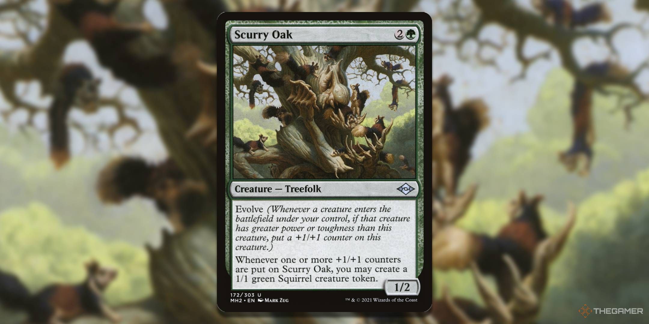 MTG Scurry Oak card with the art in the background.