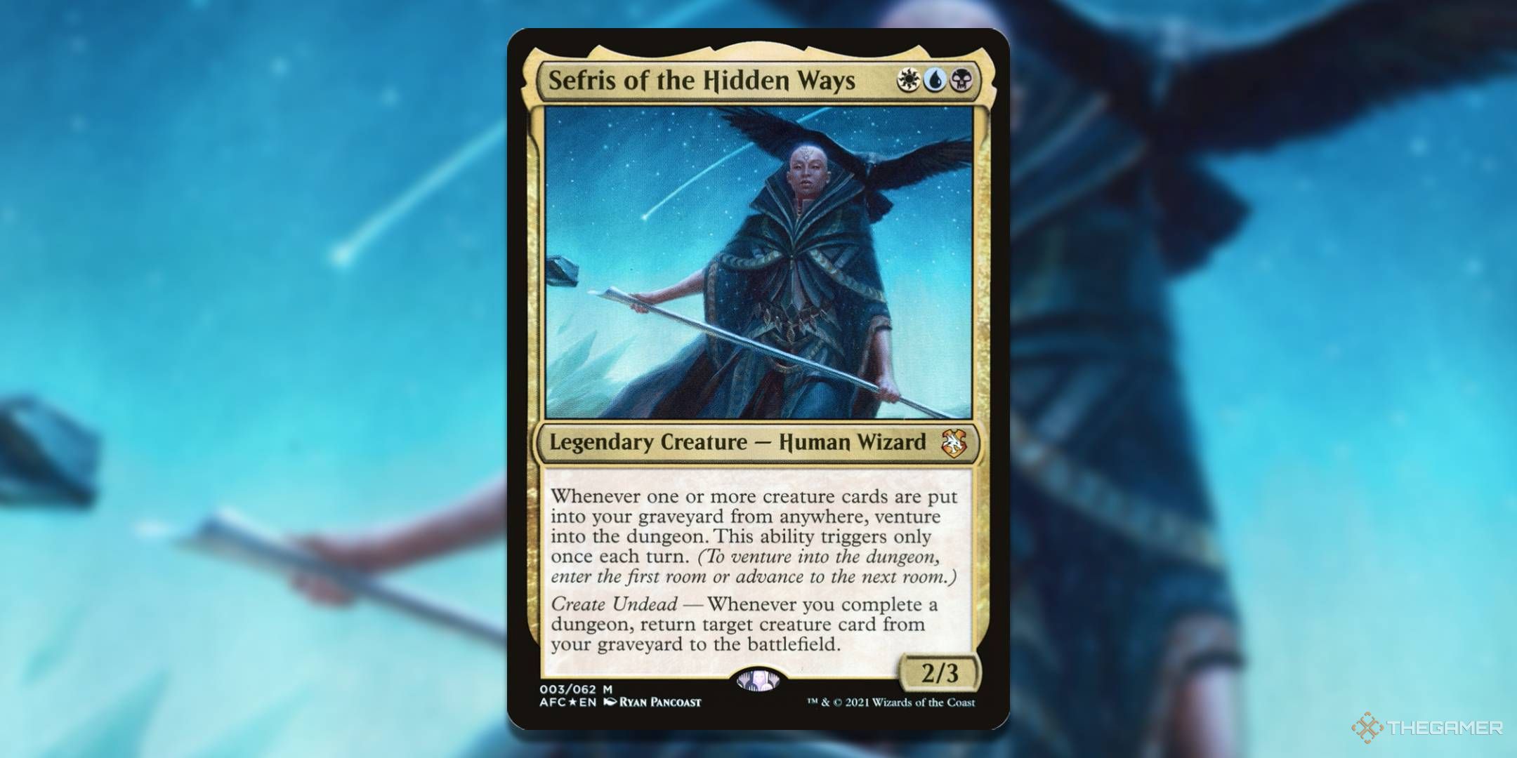 MTG Sefris of the Hidden Ways card with the art in the background.
