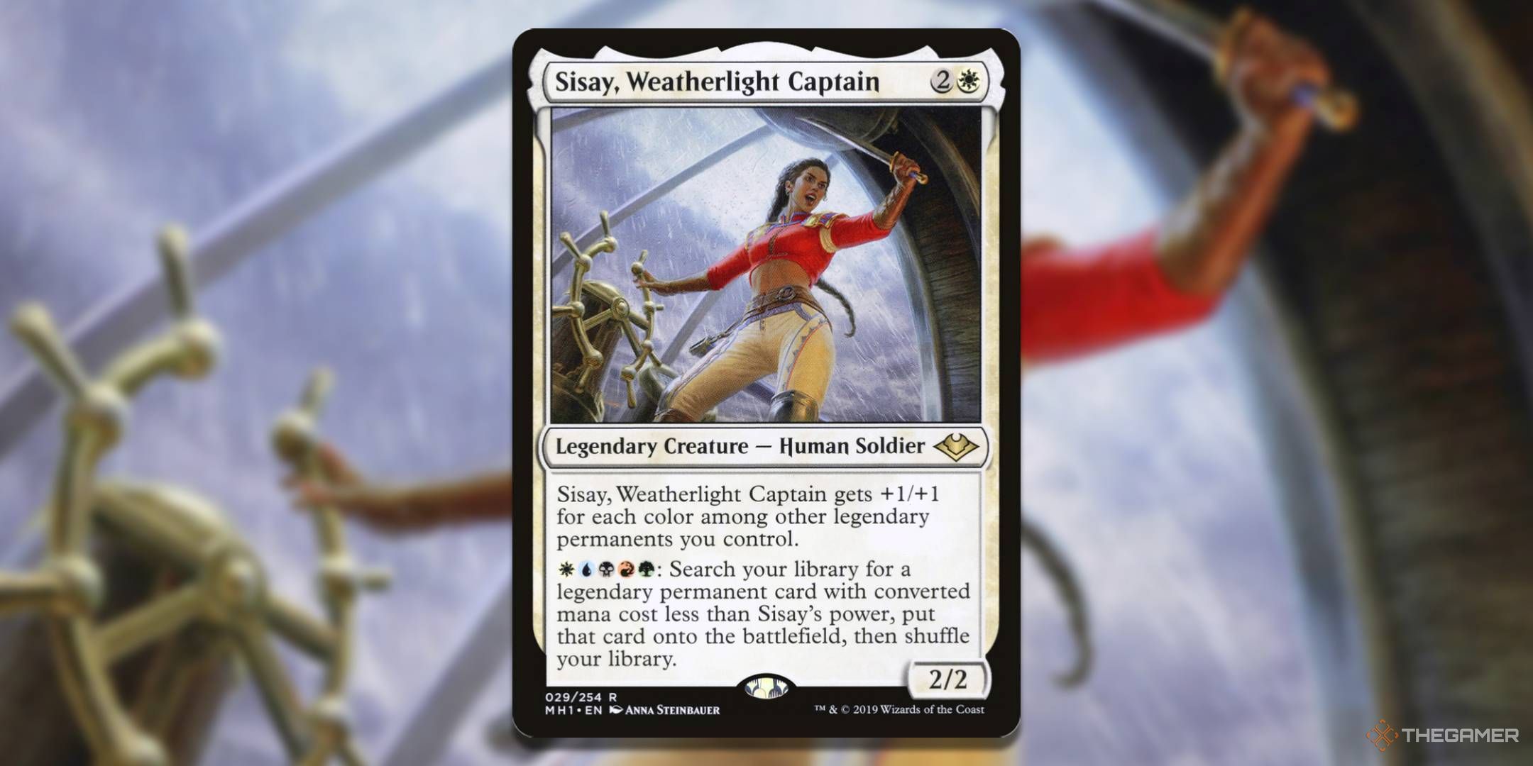 MTG Sisay, Weatherlight Captain card with the art in the background.